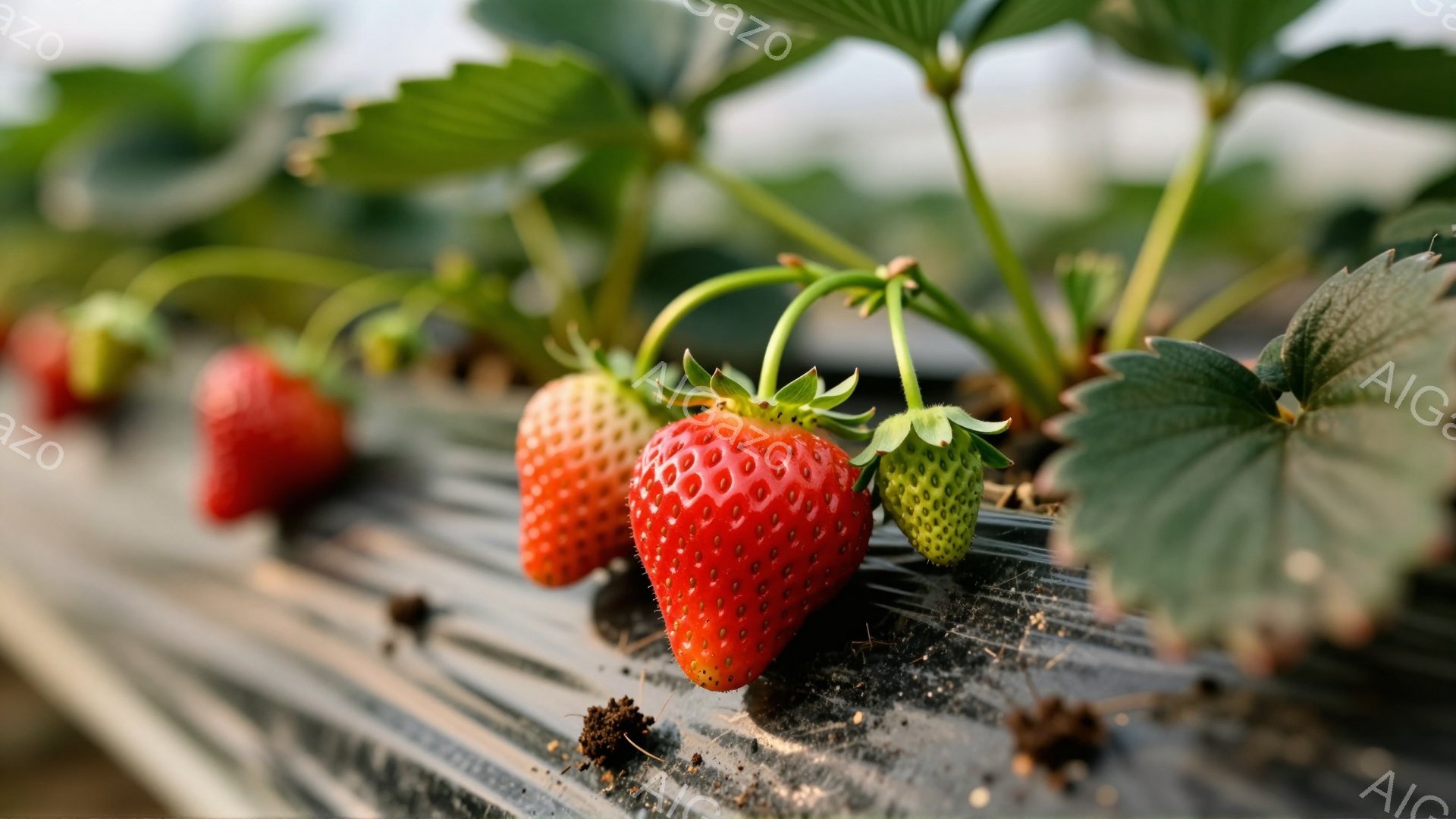 鮮やかな赤いイチゴが2つ、緑色の葉に囲まれて写っています。イチゴはプラスチック製の黒いシートの上にあり、土の粒子が散らばっています。背景はぼやけており、イチゴ畑の一部のようであり、全体的にみずみずしく - AI生成フリー素材