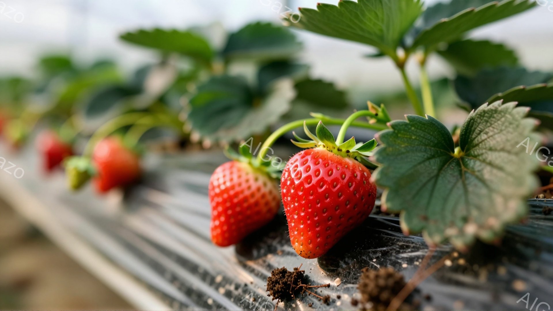 赤いイチゴが畑で栽培されている様子が写っている。黒いビニールマルチの上に、葉と実が並び、土がわずかに見える。全体的に明るく、イチゴの瑞々しさと新鮮さを強調した写真である。 - AI生成フリー素材