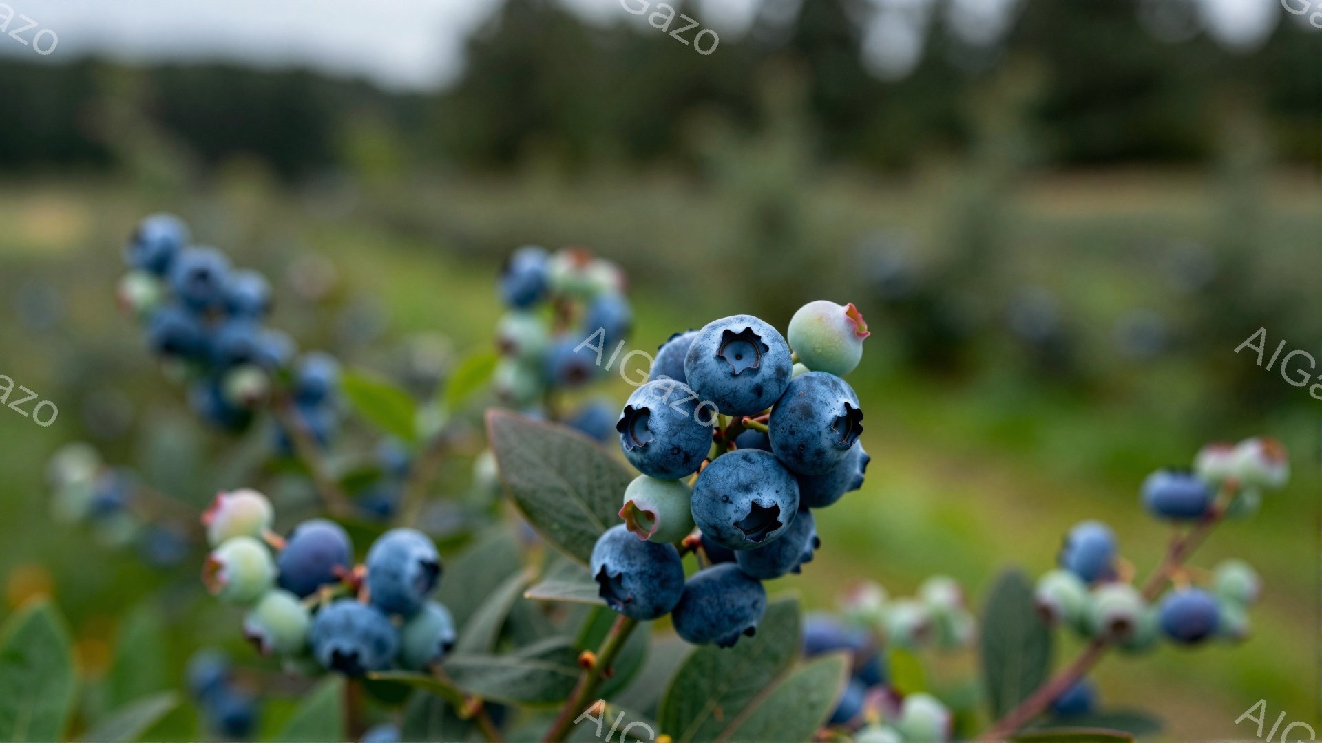 青い実が密集したブルーベリーの枝が写っている。背景は緑色の葉とぼやけた自然の風景で、全体的に柔らかく穏やかな雰囲気を醸し出している。熟した実と未熟な緑色の実が混ざり合い、自然の恵みを感じさせる。 - AI生成フリー素材