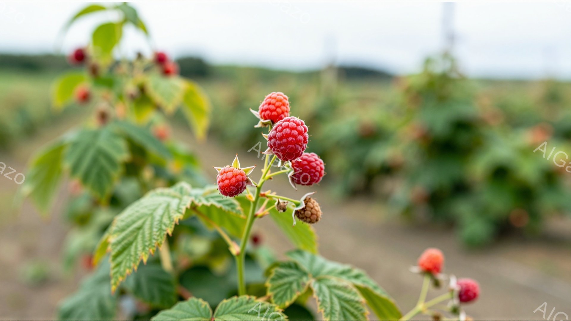 鮮やかなラズベリーの房が、緑豊かな葉に囲まれて大きく写っている。背景には、同じラズベリーの植物が広がり、農園または畑のような場所であることがわかる。全体的に、自然の恵みが感じられる、穏やかで明るい雰囲 - AI生成フリー素材