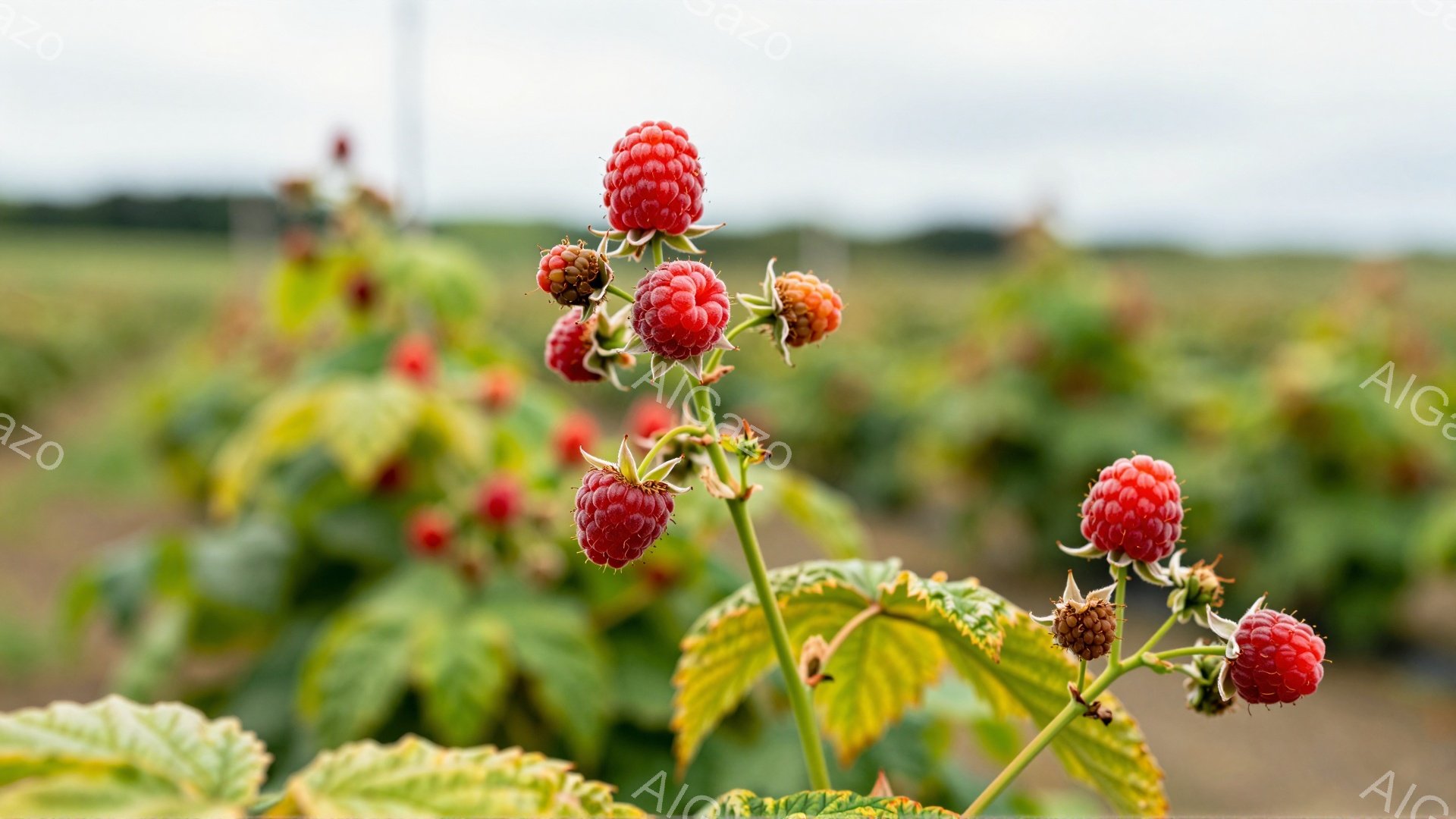 この画像は、ラズベリーの植物のクローズアップです。赤く熟したラズベリーが茎に沿って点在し、一部はまだ緑色の未熟な状態でぶら下がっています。背景には、広大な畑と、ぼやけた緑色の植物が広がっており、全体的に穏やかで自然な雰囲気を醸し出しています。