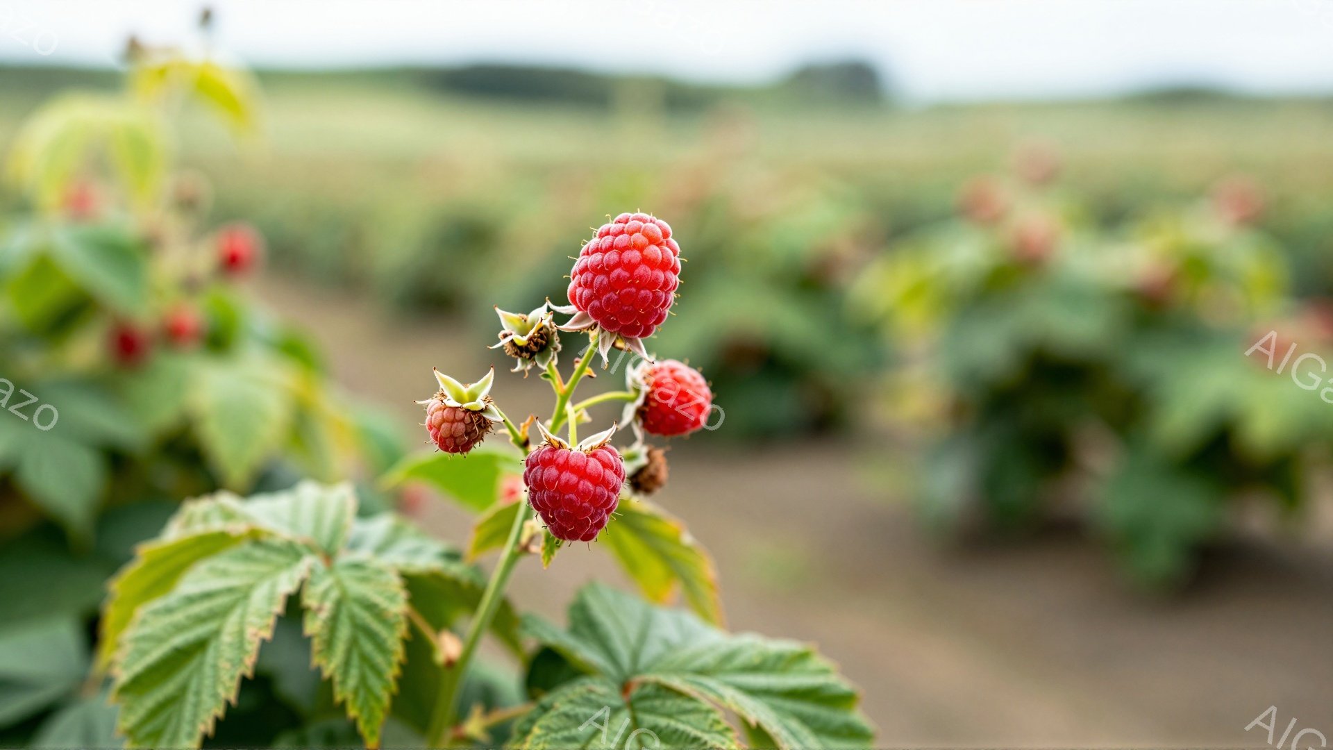 鮮やかな赤いラズベリーが、緑の葉に囲まれて咲き誇っているクローズアップ写真です。背景には、ラズベリー畑が広がり、遠くにはぼんやりとした緑の景色が見えます。全体的に、太陽の光が柔らかく差し込み、自然の恵 - AI生成フリー素材