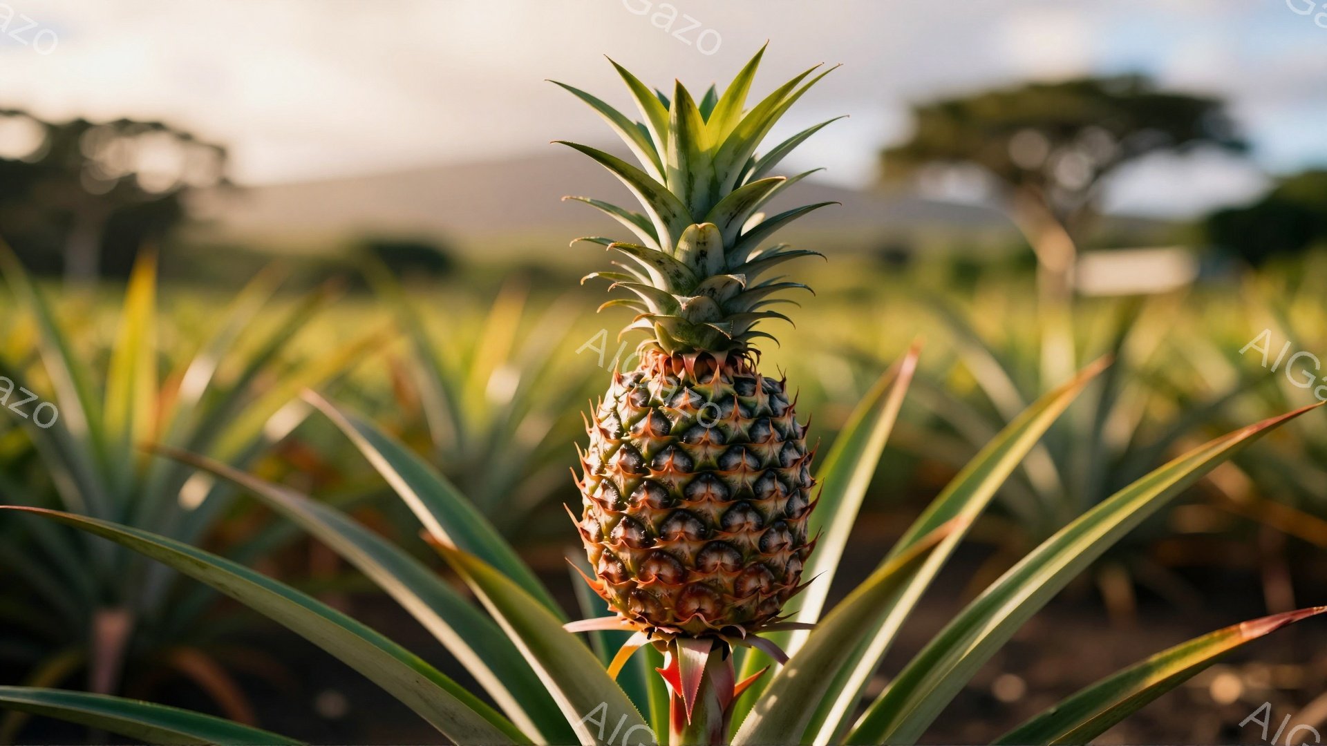 鮮やかな緑色のパイナップルの葉が、茶色と黄色の実を引き立てている。パイナップルは畑で栽培されており、背景にはぼやけた緑の植物と遠くの山々が見える。全体的に暖かく、自然豊かな雰囲気で、収穫の喜びを感じさせる。