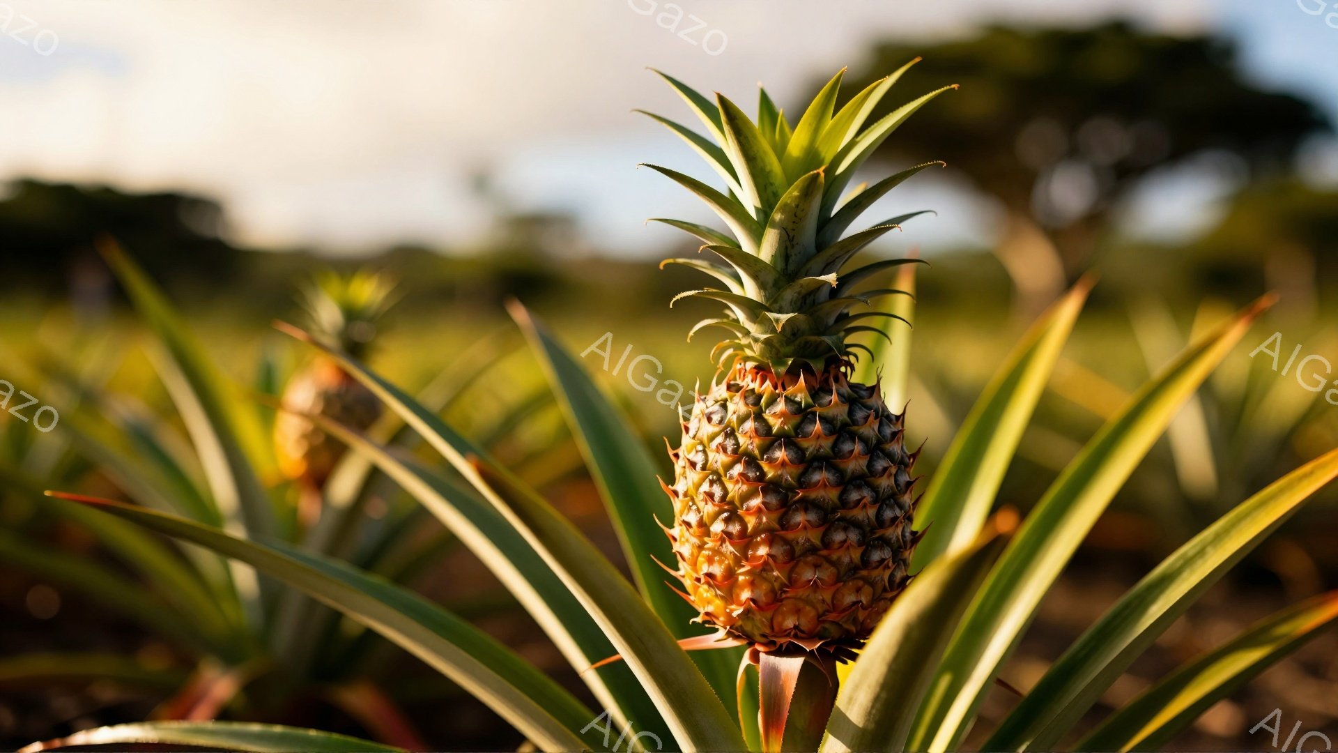 画像はパイナップルのクローズアップで、緑色の葉に囲まれた茶色と黄色の実が特徴的です。背景にはパイナップル畑が広がり、ぼやけた緑色の植物と木々が見えます。全体的に、太陽の光が暖かく、穏やかな雰囲気を醸し出しています。