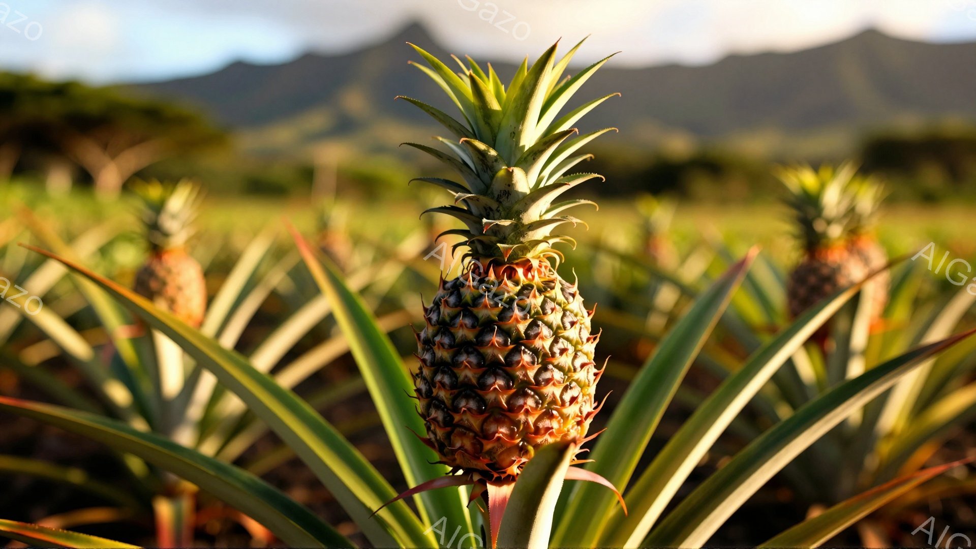 画像はパイナップルの畑を捉えており、鮮やかな緑色の葉に囲まれた茶色いパイナップルが中心に配置されている。背景には、穏やかな光が差し込む緑豊かな丘陵地帯が広がり、夕暮れ時の暖かく穏やかな雰囲気を醸し出している。全体的に、自然の恵みが感じられる、安らぎと豊かさを象徴する光景である。
