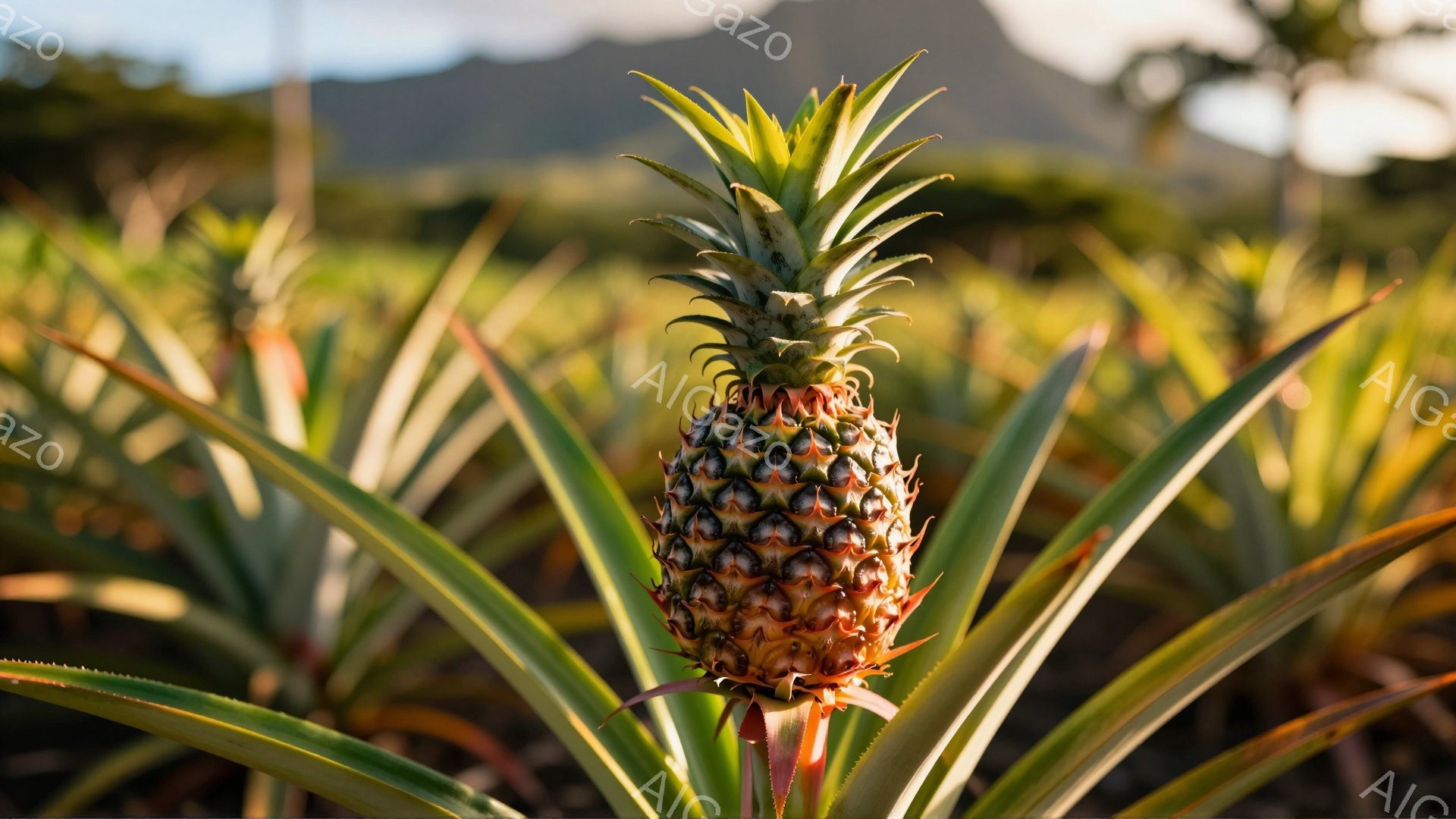 鮮やかな緑色の葉に囲まれたパイナップルが、画面中央で大きく際立っている。パイナップルは茶色と黄色の網目模様で覆われ、まだ少し緑が残る瑞々しい葉と対照的である。背景にはぼやけた緑の畑が広がり、遠くには山並みが薄く見える、暖かく穏やかな光が全体を包んでいる。