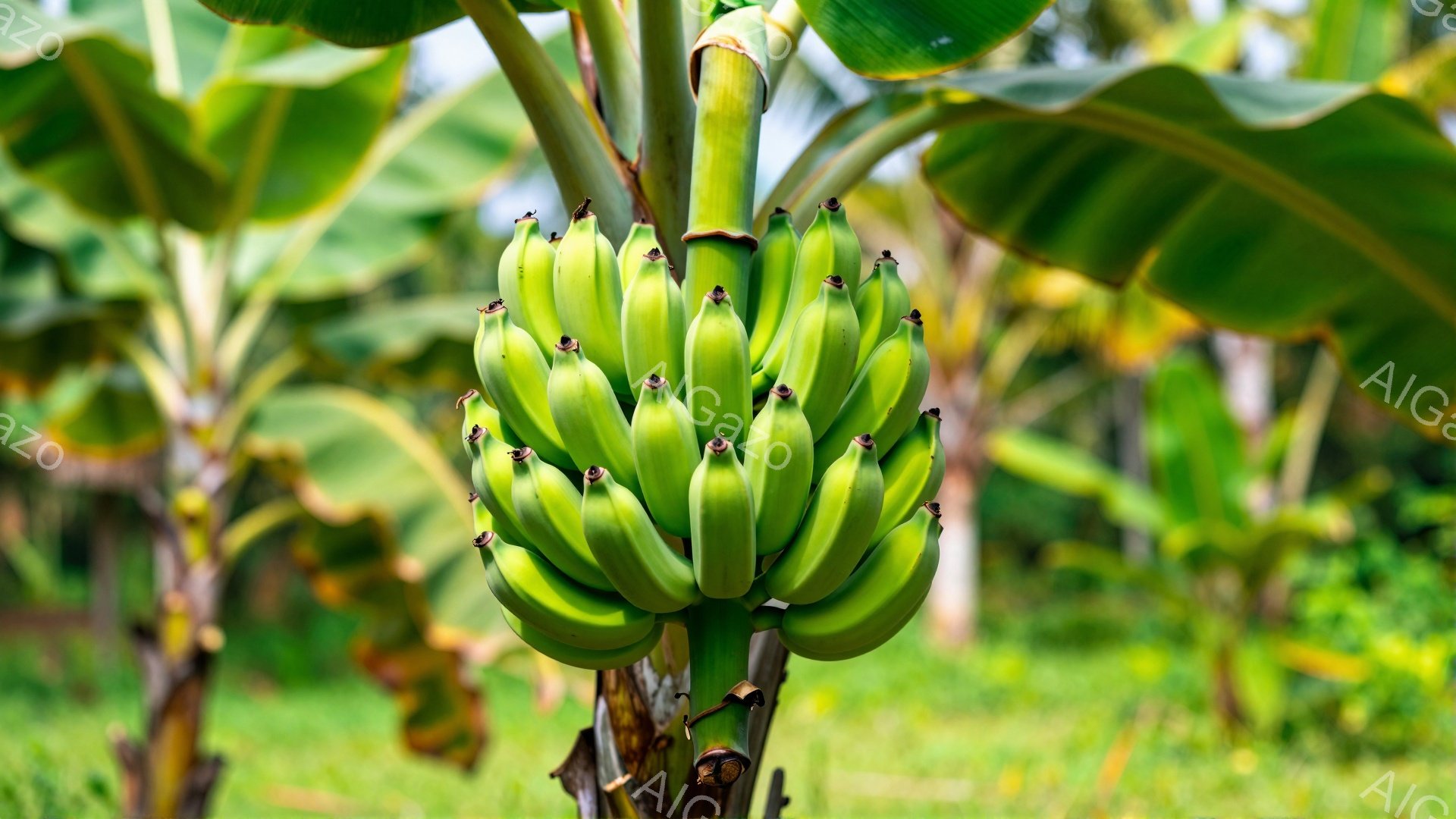 鮮やかな緑色のバナナの房が、太い幹に密集してぶら下がっている。背景には、ぼやけた緑色の葉が生い茂る自然が広がり、日差しが差し込んで明るい雰囲気を作り出している。全体的に、熱帯の自然を感じさせる、生命力 - AI生成フリー素材