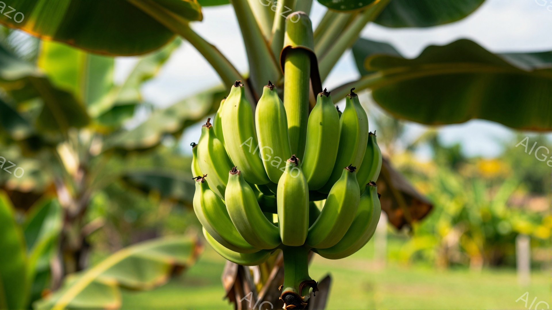 鮮やかな緑色のバナナの房が、太い茎に密集してぶら下がっている。背景には、緑豊かな植物が生い茂る庭園が広がり、穏やかな日差しが降り注いでいる。全体的に、自然の恵みが感じられる、静かで平和な雰囲気の画像である。