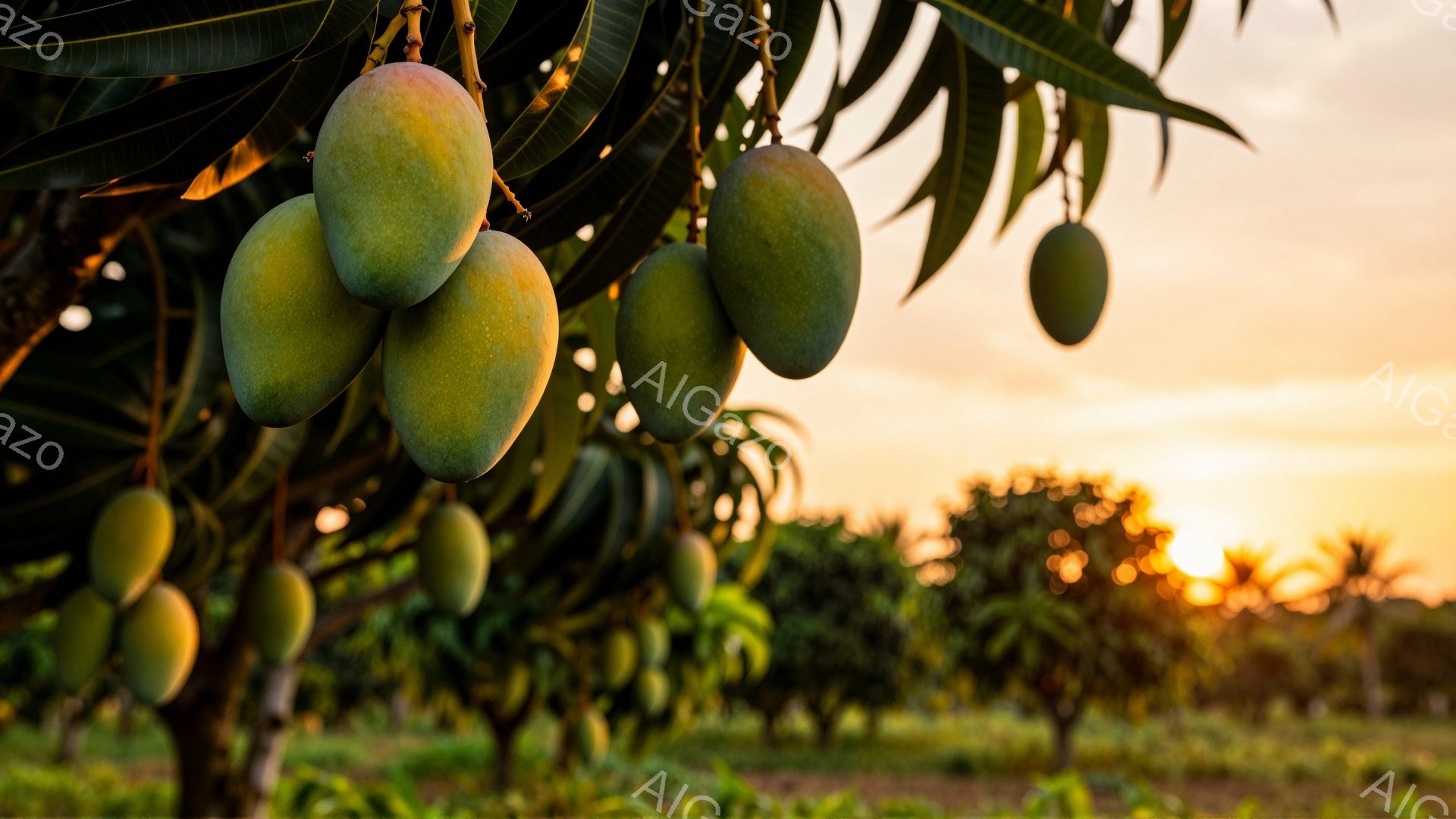 熟したマンゴーが枝に密集して実っている様子が捉えられています。背景には緑豊かな植物と、夕焼けのオレンジ色の空が広がり、温かく穏やかな雰囲気を醸し出しています。マンゴーの鮮やかな緑色と夕焼けのグラデーションが美しいコントラストを生み出しています。