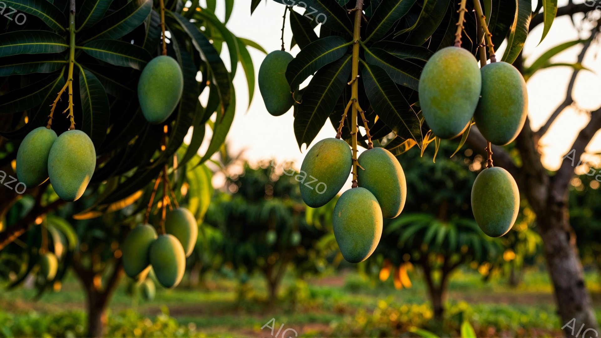 鮮やかな緑色のマンゴーがたわわに実った木が、太陽の光を浴びて描かれている。背景には他のマンゴーの木々と緑豊かな草地が広がり、夕焼けのような柔らかな光が全体を照らしている。この画像は、豊穣な自然と穏やかな雰囲気を醸し出している。