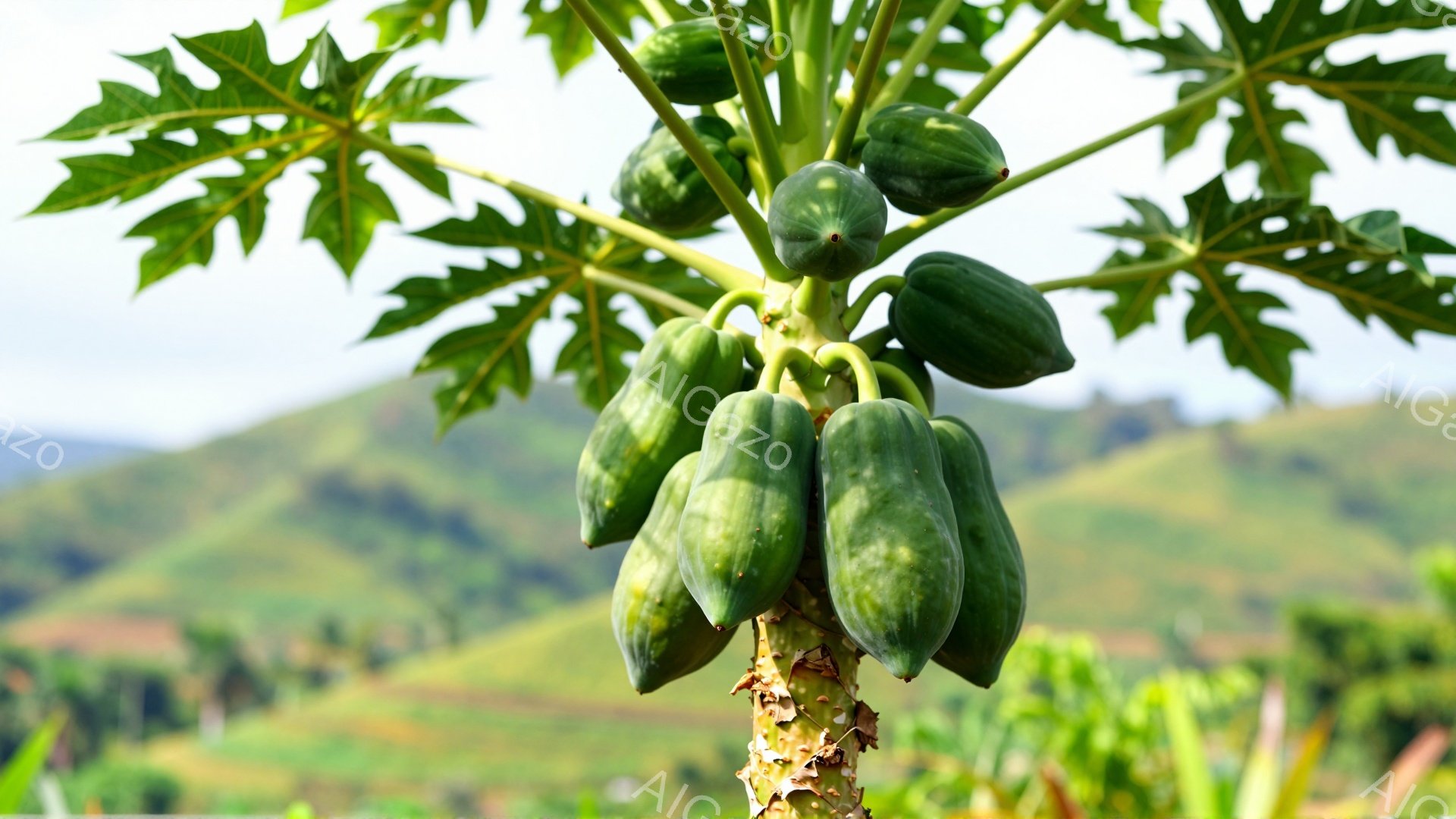 パパイヤの木に、緑色の実が密集してぶら下がっています。幹は独特の模様があり、背景には緑豊かな丘陵地帯が広がっています。明るい日差しが差し込み、全体的に穏やかで自然豊かな雰囲気が漂っています。 - AI生成フリー素材