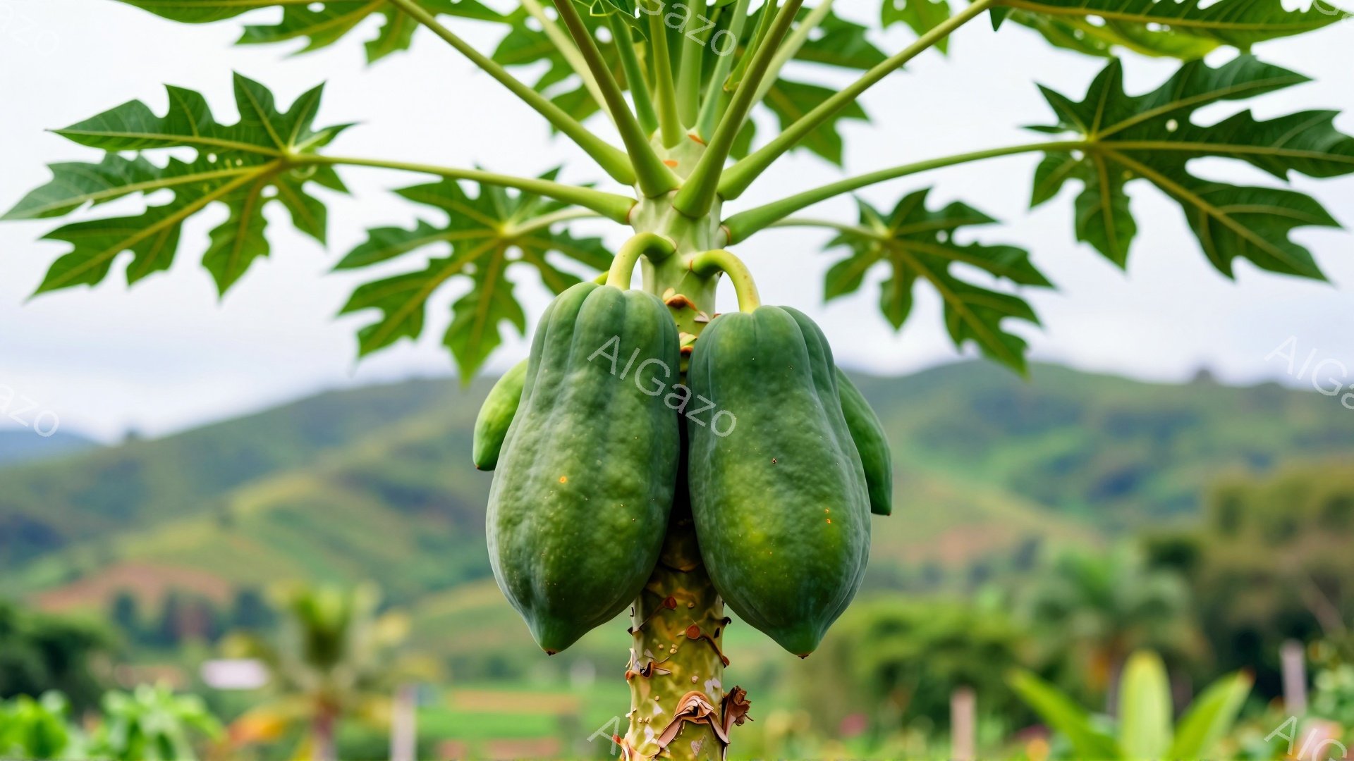 パパイヤが2つ、高い茎にぶら下がっているのがはっきりと見えます。背景には、緑豊かな丘陵地帯と農地が広がり、天候は晴れで、穏やかな雰囲気です。パパイヤの葉は大きく、鮮やかな緑色で、植物の生命力を感じさせ - AI生成フリー素材