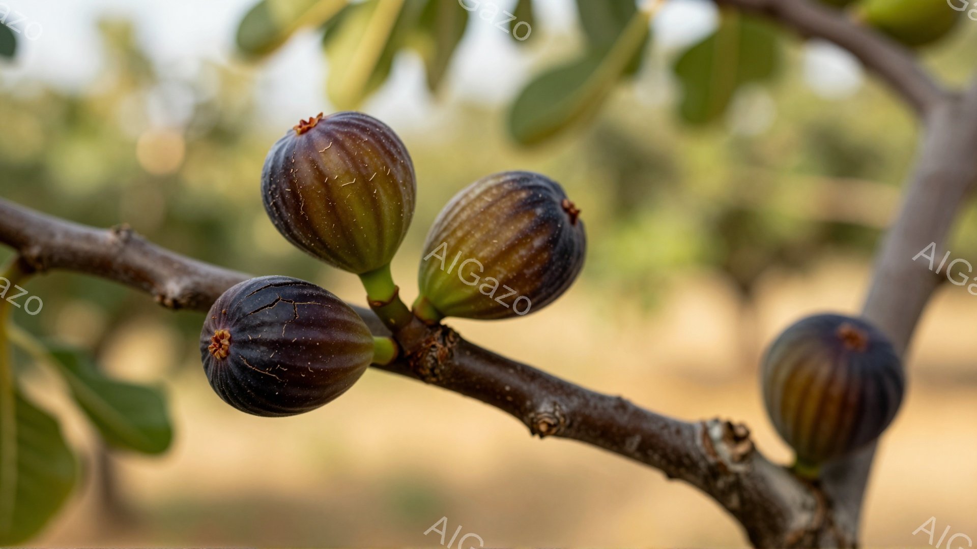 枝に実ったイチジクが焦点となっており、紫がかった茶色の果実がいくつか見られます。背景はぼやけた緑と茶色の自然の風景で、暖かく穏やかな光が差し込んでいます。全体的に、豊穣な収穫と穏やかな田園風景を思わせる、静かで心地よい雰囲気です。