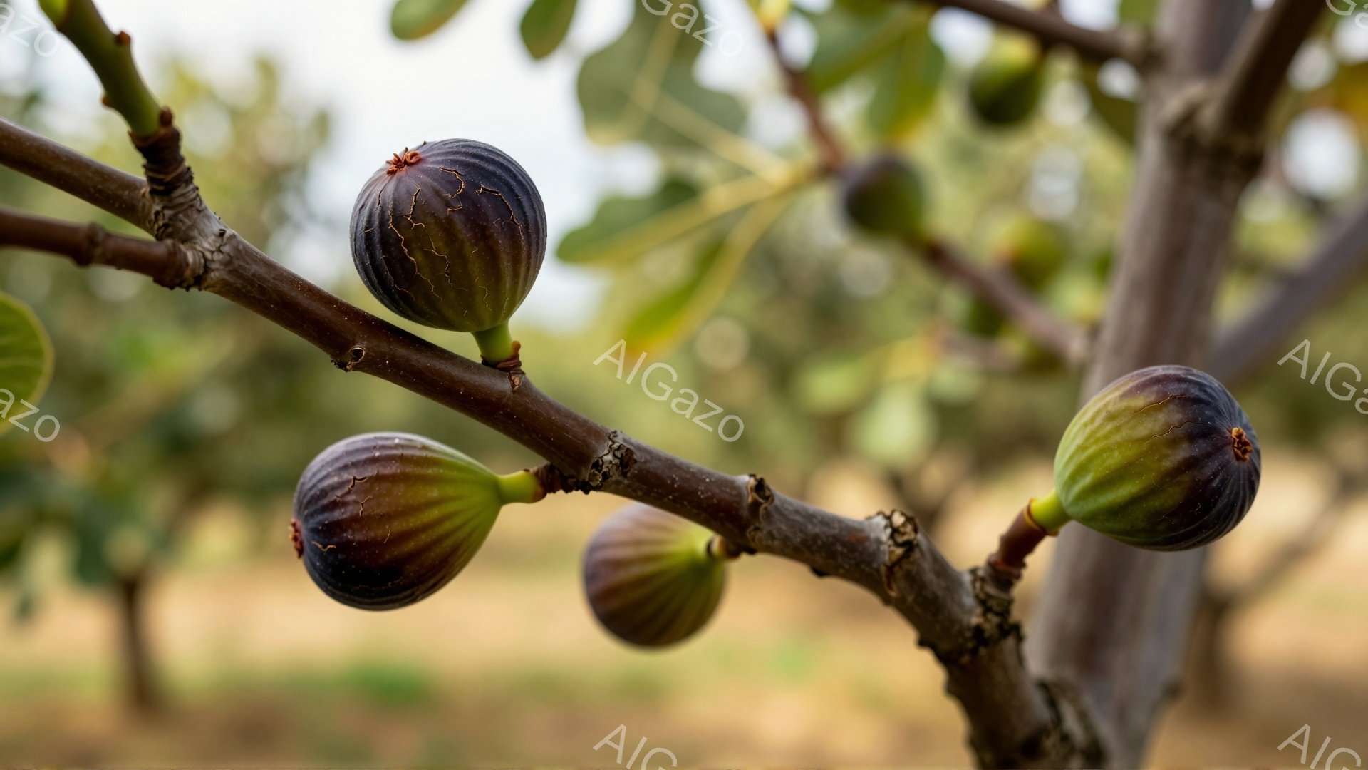 枝に実ったイチジクが焦点となっており、深紫色から緑色へと変化する果実が特徴的です。背景はぼやけた自然の風景で、おそらく農園や果樹園の一部と思われます。全体的に暖かく、穏やかな雰囲気が漂っています。