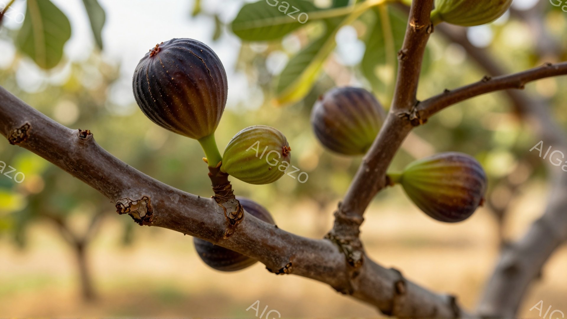 画像には、イチジクの木の枝に実ったイチジクがいくつか写っています。未熟な緑色のイチジクと、熟して紫色に色づいたイチジクが混在しており、葉っぱの緑と実の紫色のコントラストが美しいです。背景はぼやけた茶色の自然で、穏やかで静かな雰囲気を醸し出しています。