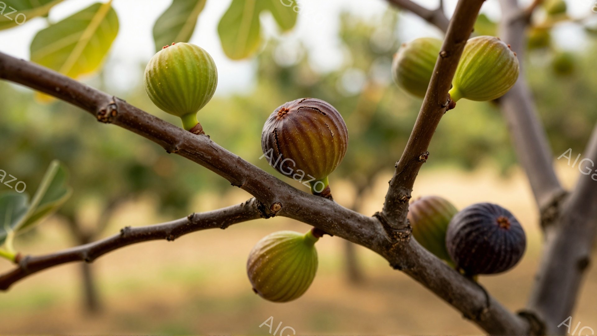 枝には、まだ緑色の未熟なイチジクと、紫色の熟したイチジクが混ざってぶら下がっています。背景は、ぼやけた茶色の畑と木々で、暖かい日差しが差し込んでいます。全体的に、豊かな自然の中で育つイチジクの収穫前の静かで穏やかな雰囲気が伝わってきます。