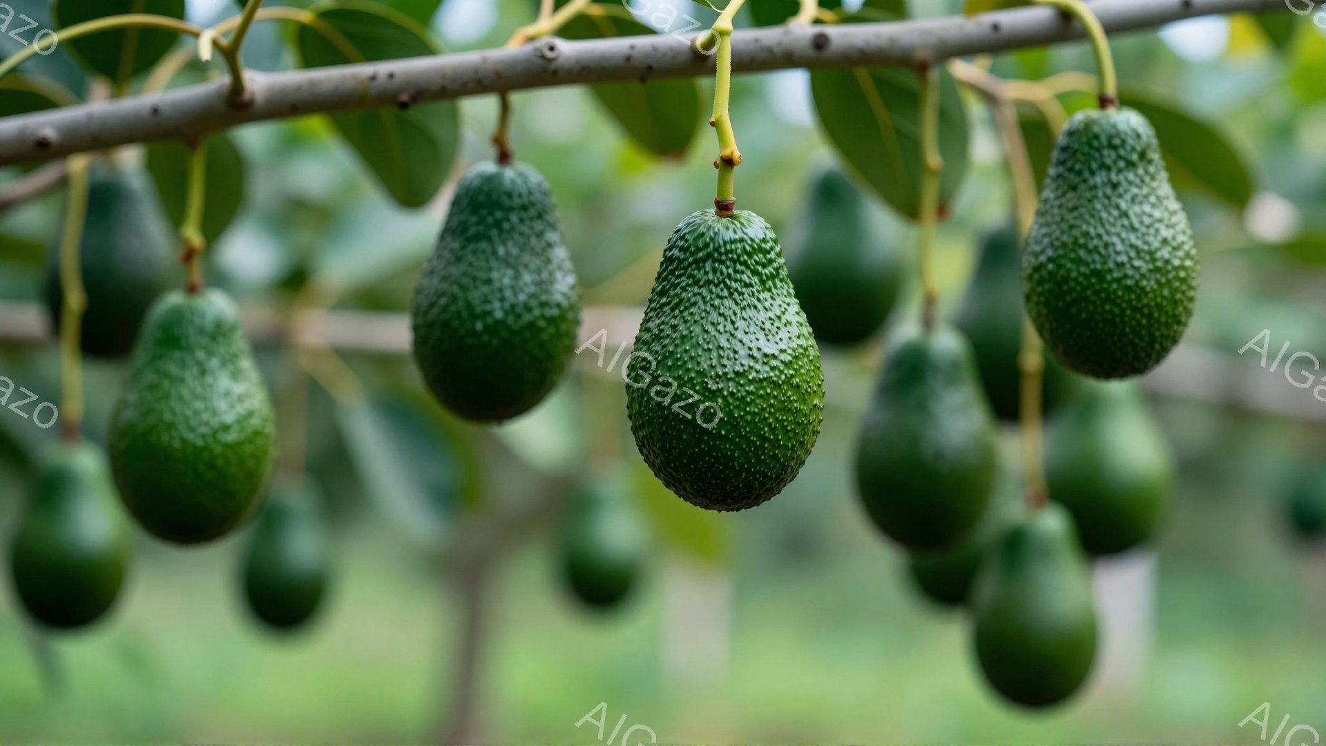 この画像は、アボカドの木に実ったアボカドが多数ぶら下がっている様子を捉えています。アボカドは緑色で、表面に小さな突起があり、成熟した様子が伺えます。背景にはぼやけた緑色の葉が広がり、自然豊かな雰囲気を - AI生成フリー素材
