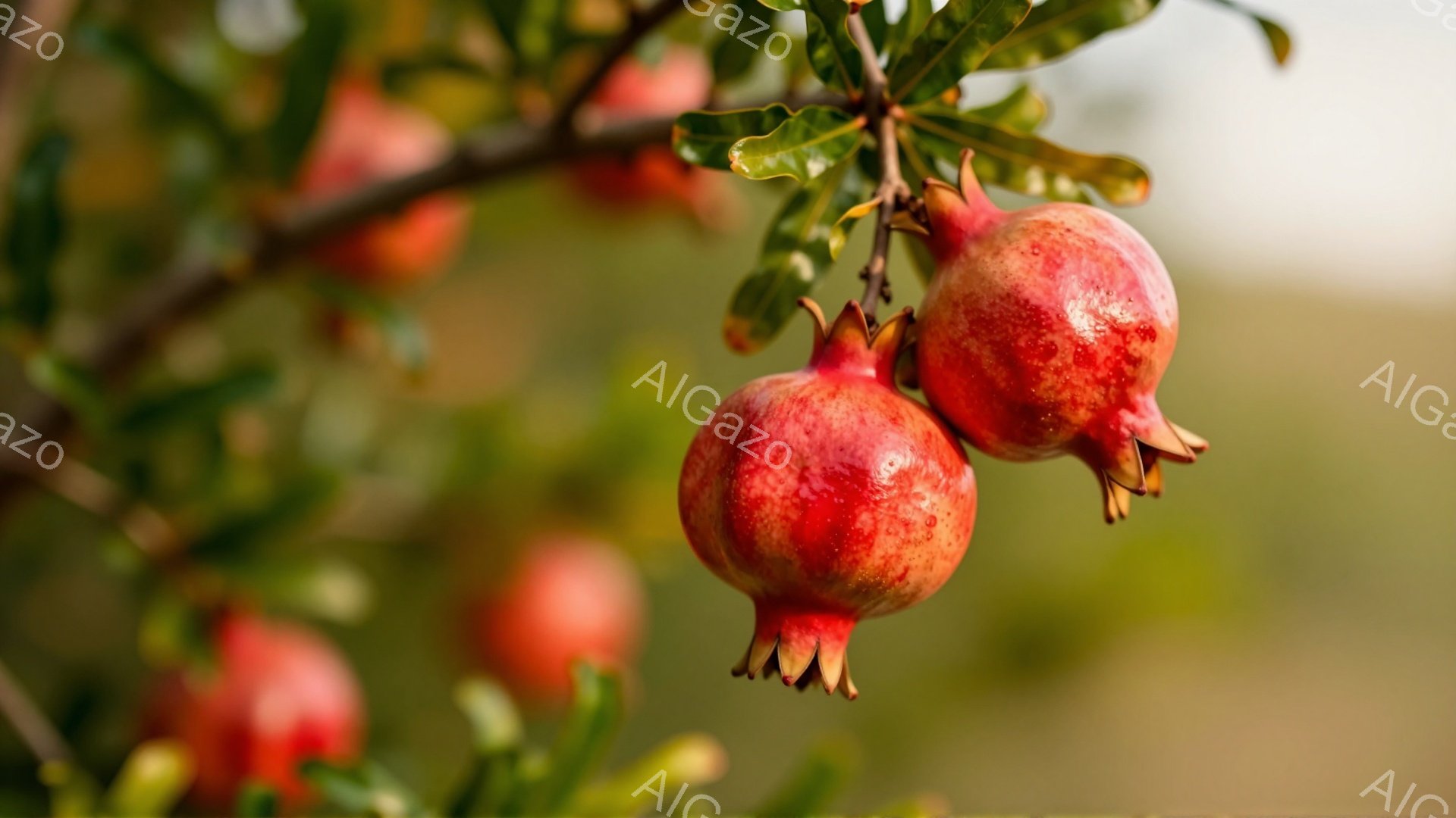 鮮やかな赤色のザクロが、緑の葉に囲まれて枝からぶら下がっている。背景はぼやけた緑と茶色の風景が広がり、暖かく穏やかな雰囲気を醸し出している。ザクロの表面には光が当たり、その丸みと瑞々しさが強調されてい - AI生成フリー素材
