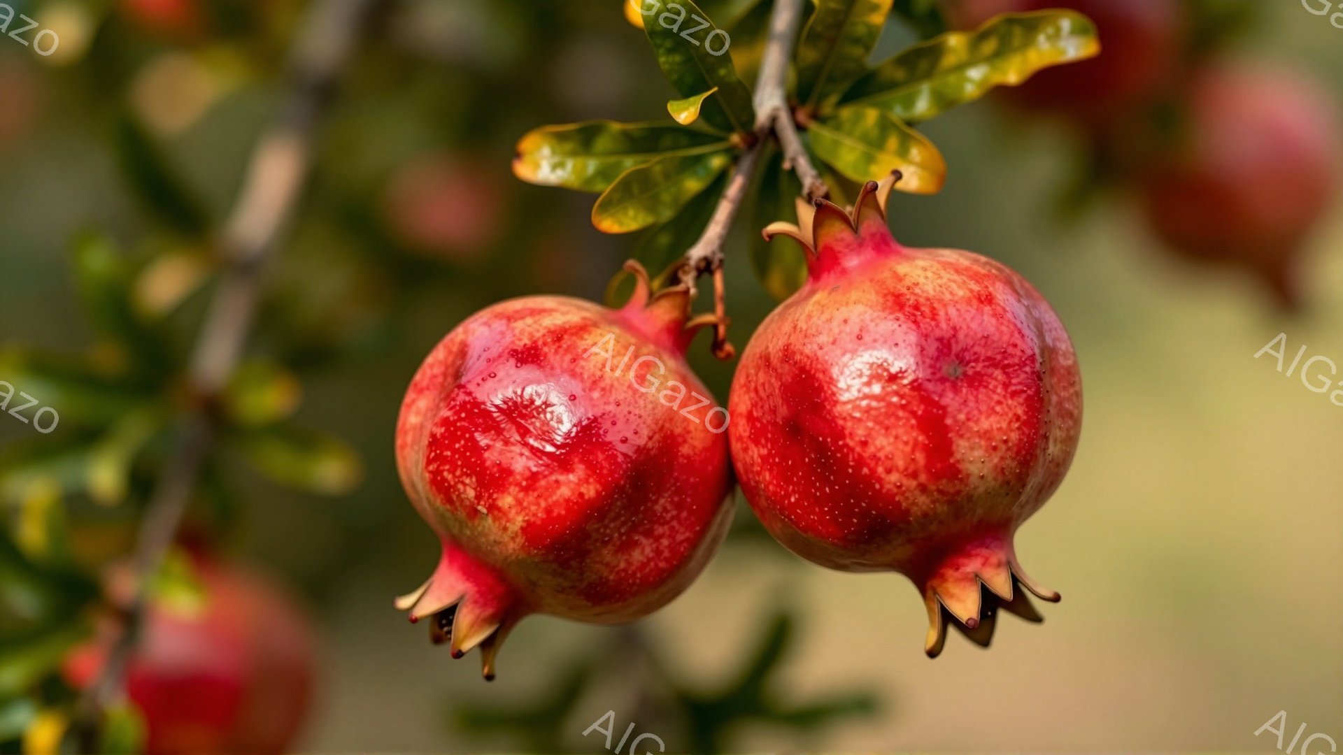 鮮やかな赤いザクロが二つ、緑色の葉に囲まれて枝にぶら下がっている。果実は丸みを帯びて艶やかで、その先端には特徴的な花冠のようなものが覗く。背景はぼやけた緑色で、自然の中で育つザクロの豊かさを感じさせる穏やかな雰囲気である。
