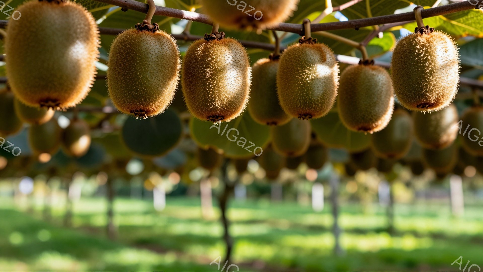 褐色の毛むくじゃらのキウイフルーツが枝に密集してぶら下がっており、背景には緑豊かな植物がぼやけて広がっています。光が葉の間から差し込み、フルーツに柔らかい陰影を作り出し、全体的に温かくて自然な雰囲気を醸し出しています。キウイフルーツの質感と鮮やかな緑色の背景が、夏の果樹園の穏やかな情景を描き出しています。