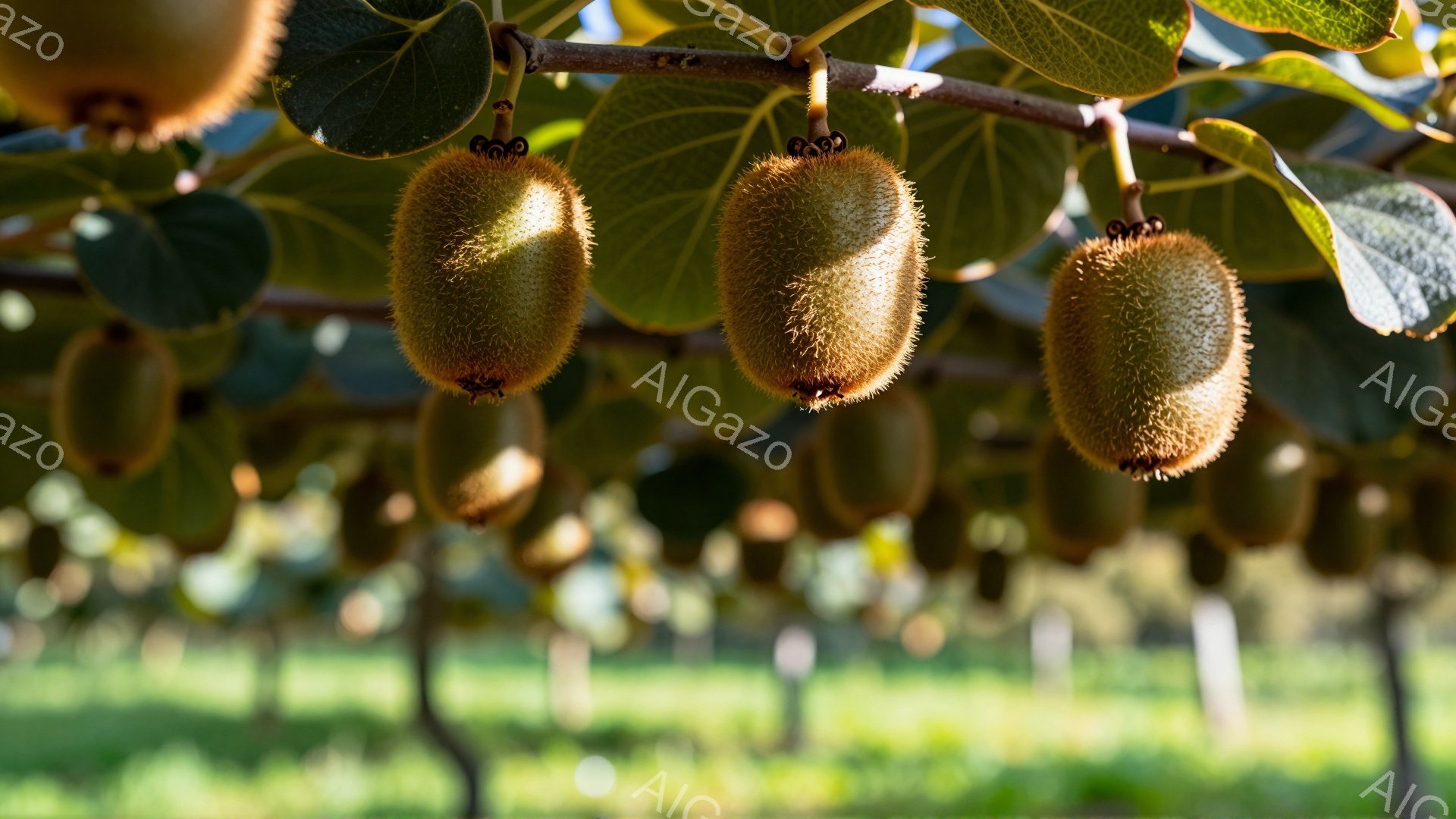 キウイフルーツが枝に密集してぶら下がっている様子が捉えられています。緑色の葉と茶色い実が太陽光に照らされ、鮮やかなコントラストを生み出しています。背景には緑豊かな自然が広がり、暖かく穏やかな雰囲気を醸し出しています。