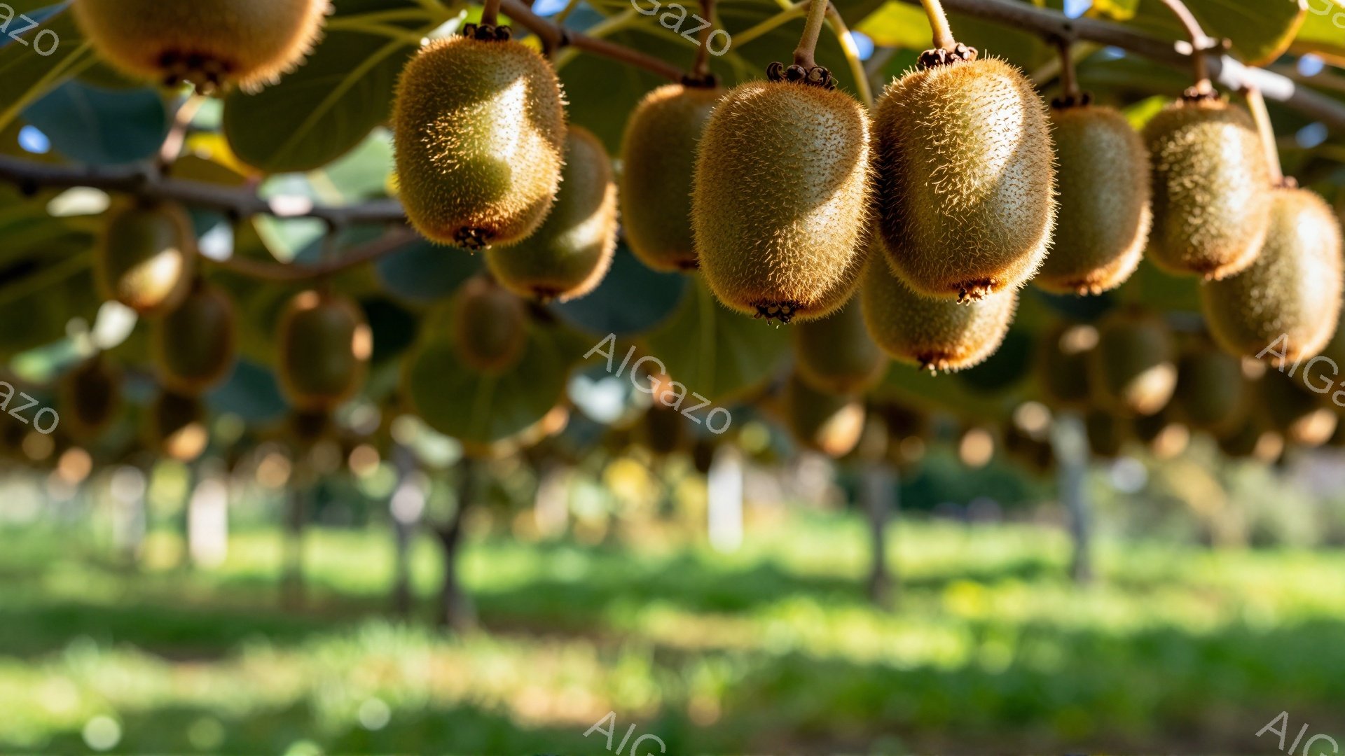 多くのキウイフルーツが枝に密集してぶら下がっており、光に照らされて鮮やかな緑の背景がぼやけている。フルーツはまだ熟していませんが、その毛むくじゃらの質感と独特の形がよくわかります。全体的に、この画像はキウイフルーツの収穫時期の穏やかで自然な雰囲気を捉えています。