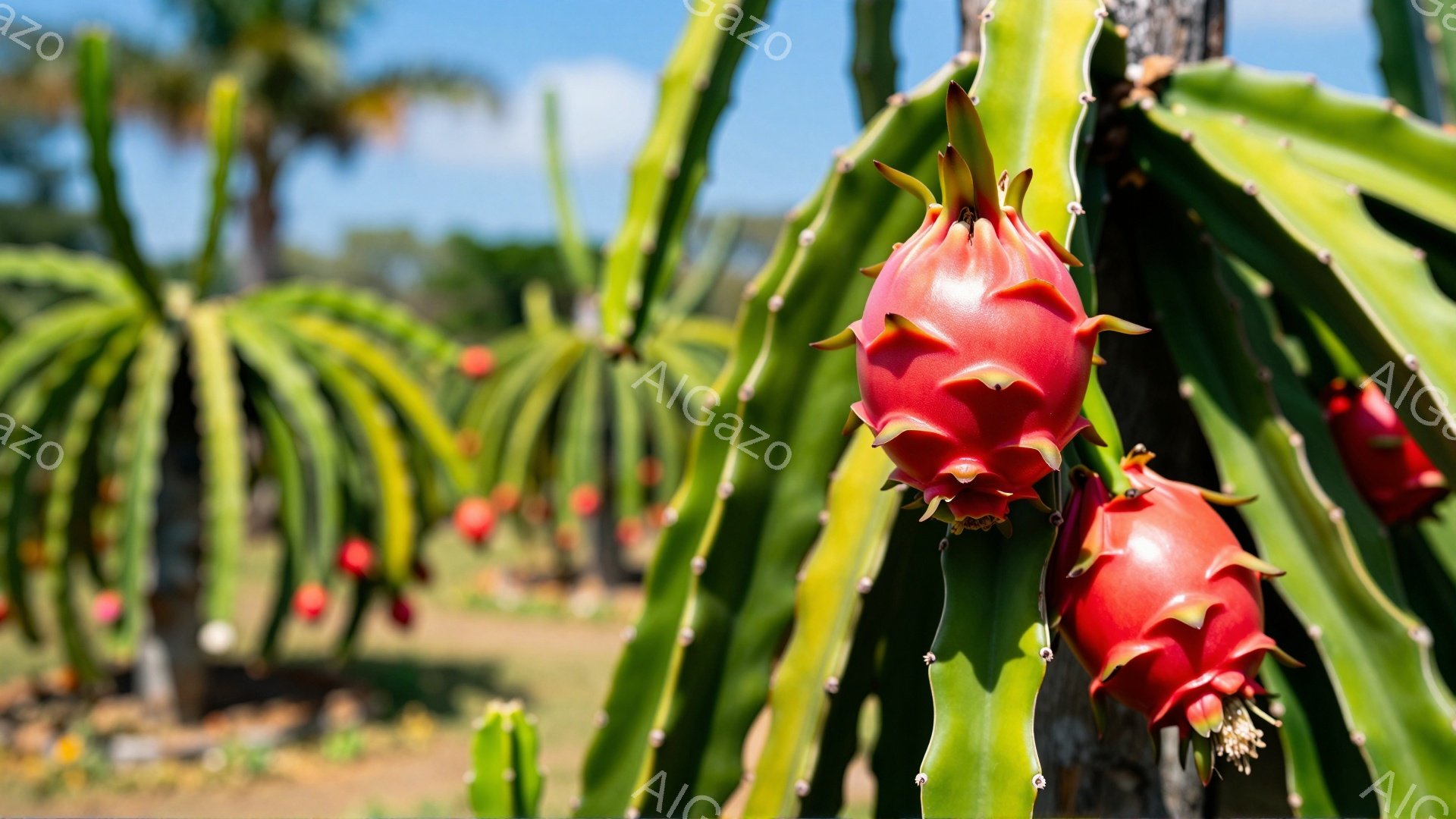 画像には、鮮やかな緑色のドラゴンフルーツの茎に、赤く熟した果実がいくつかぶら下がっている様子が写っている。背景には、より多くのドラゴンフルーツの植物がぼやけており、晴れた空と緑豊かな自然が広がっている - AI生成フリー素材