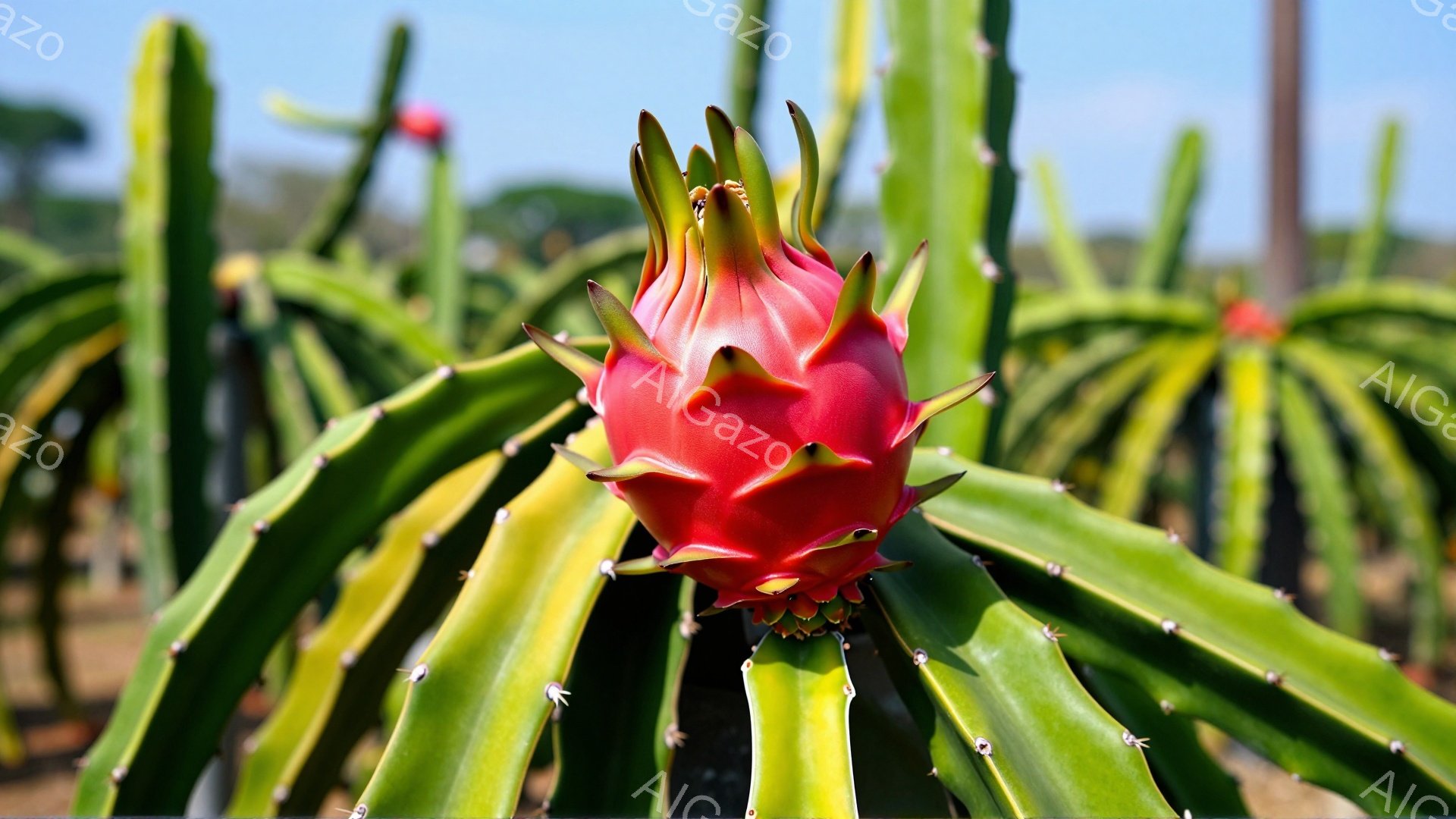 赤いドラゴンフルーツの花が、緑色のサボテンの茎の中で鮮やかに咲き誇っています。背景には他のサボテンの茎が密集し、青空の下で農園が広がっている様子が伺えます。全体的に鮮やかで生命力にあふれた、夏の日の農園の雰囲気が伝わってきます。