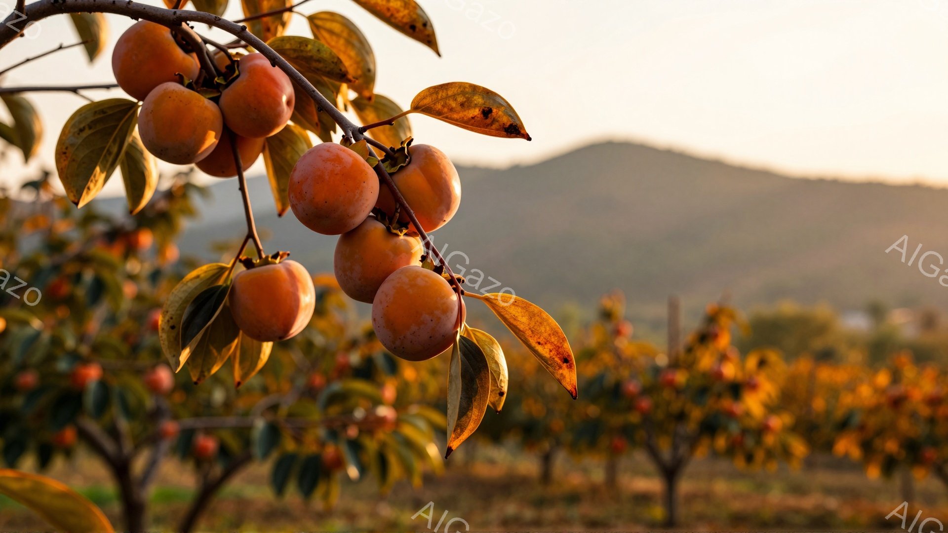 柿の木が実をつけ、オレンジ色の熟した柿が密集して枝にぶら下がっている。背景には霞んだ山々が広がり、夕暮れ時の穏やかで暖かな光が全体を包み込んでいる。秋の収穫を予感させる、落ち着いた雰囲気の風景である。
