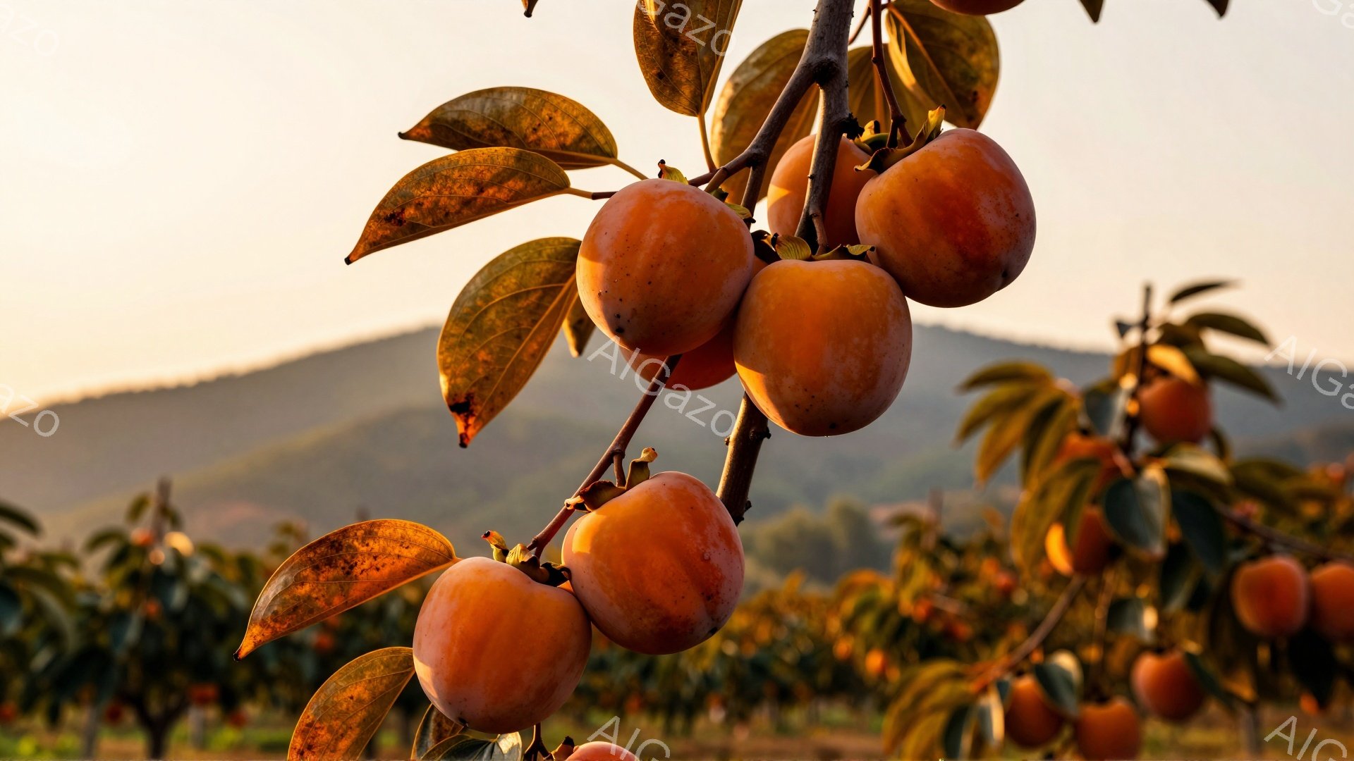 柿の枝に実った、鮮やかなオレンジ色の柿が並んでいる。背景には霞んだ山並みが広がり、夕暮れ時の穏やかな光が全体を包み込んでいる。葉はわずかに赤みを帯びており、秋の深まりを感じさせる。