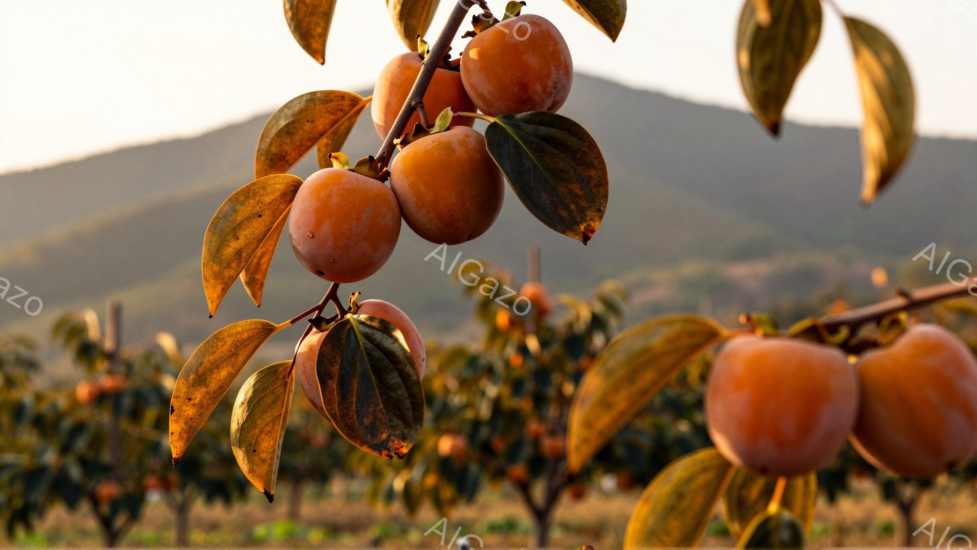 柿の木に熟した柿が実っている様子が写っている。柿は鮮やかなオレンジ色で、葉は秋らしく赤茶色に色づいている。背景にはぼんやりとした山並みが広がり、全体的に暖かく穏やかな雰囲気が漂っている。