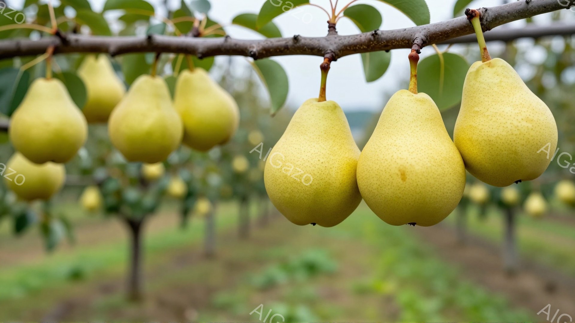 梨が枝に実っている様子が写っています。明るい黄色で丸みを帯びた梨が、緑の葉に囲まれ、密集して並んでいます。背景には他の梨の木が見え、穏やかで平和な農園の雰囲気が伝わってきます。