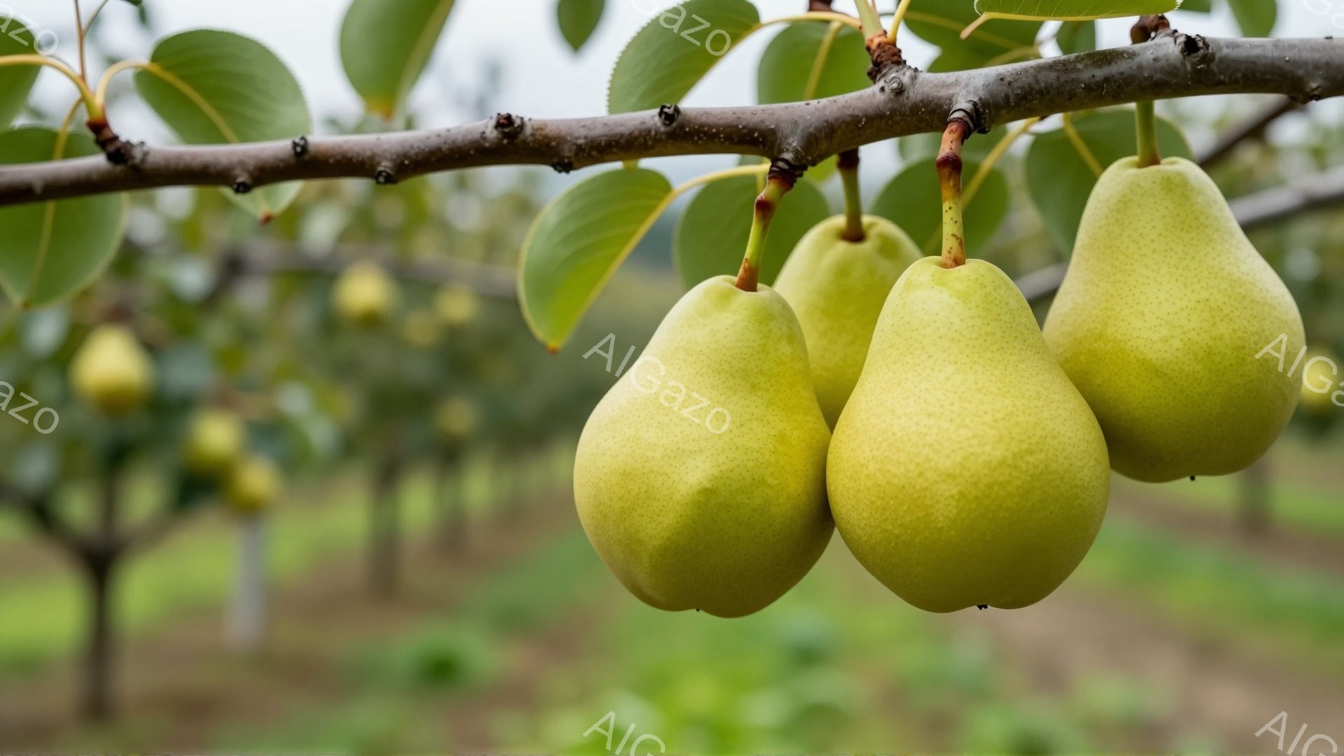 鮮やかな緑色の梨が枝に実っており、その葉は生き生きとした緑色で、秋の収穫の準備ができていることを示唆している。背景には梨の木が並び、農園の一角がぼやけて見える。全体的に穏やかで自然な雰囲気があり、収穫の喜びと自然の恵みが感じられる。
