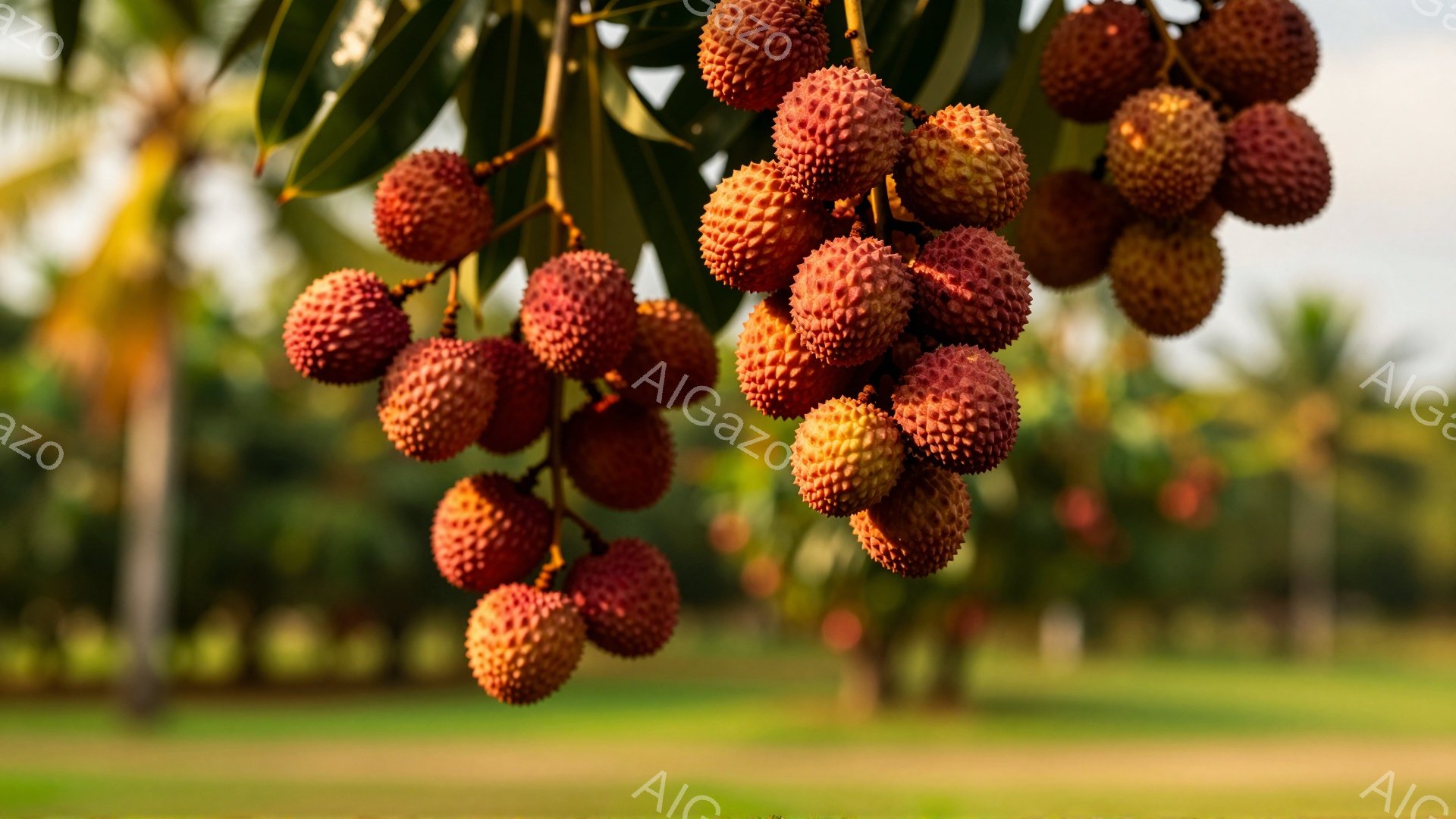 ライチの実がたわわに実った枝が写っている。背景には緑の草原と遠くに見える木々がぼやけており、晴れた日の穏やかな雰囲気が感じられる。ライチの赤い色と緑の背景のコントラストが鮮やかで、自然の恵みが豊かに表 - AI生成フリー素材