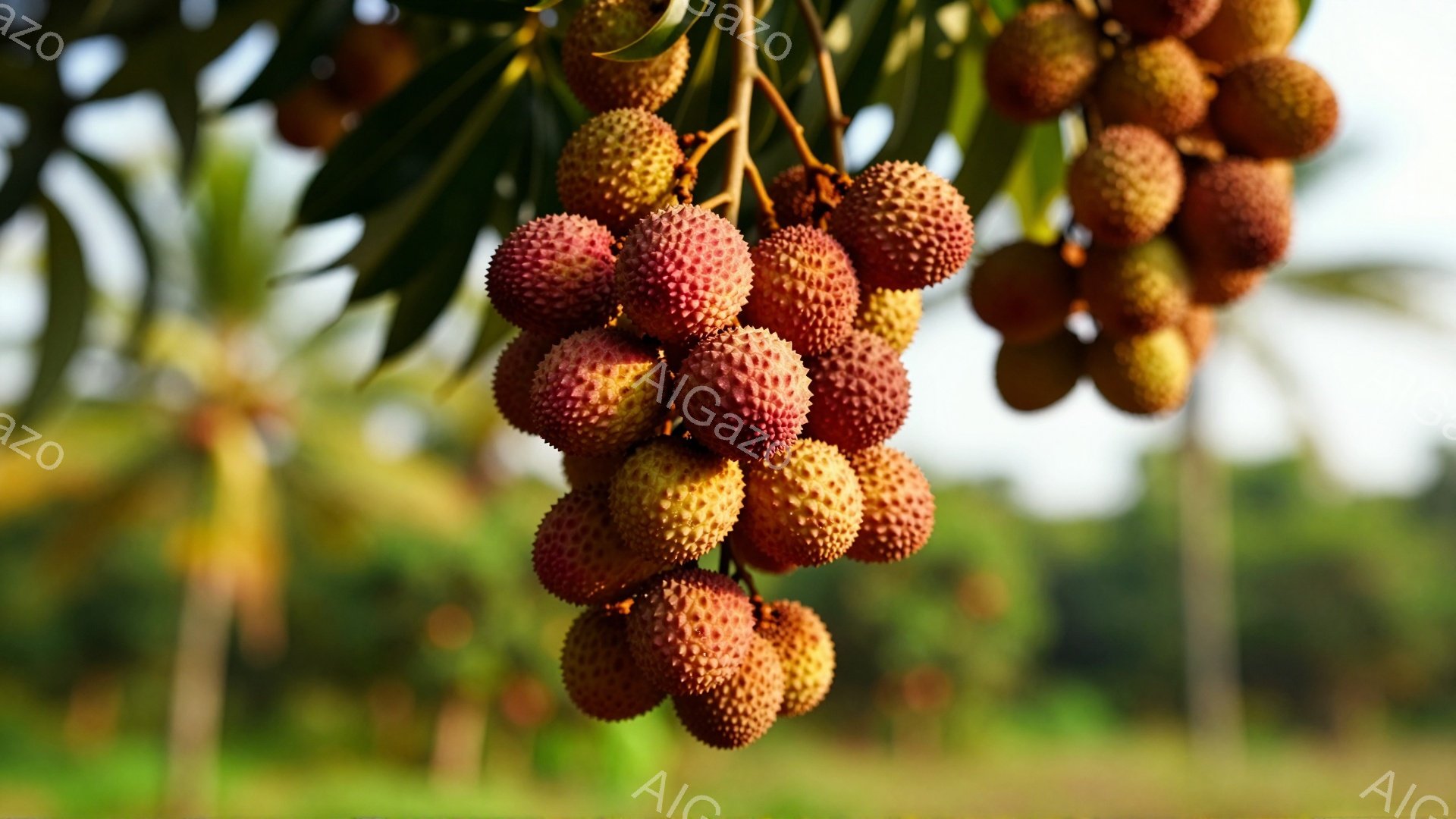 鮮やかな赤と黄色のライチが、枝に密集してぶら下がっている様子が捉えられています。背景には緑豊かな植物と、ぼやけた木々が見え、太陽の光が差し込み、温暖な気候を感じさせます。ライチの表面の質感と、周囲の自然とのコントラストが印象的で、豊穣な実りの秋を思わせる穏やかな雰囲気です。