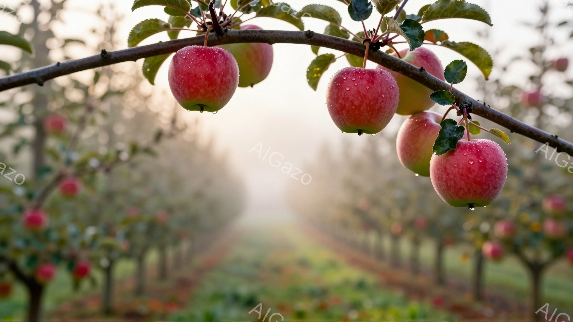 鮮やかな赤いリンゴが枝に実り、朝露をまとう様子が捉えられています。背景には、霧に包まれた果樹園が広がり、規則正しく並んだ木々が奥行きを強調しています。全体的に穏やかで、静謐な雰囲気が漂い、秋の収穫の喜びを感じさせます。