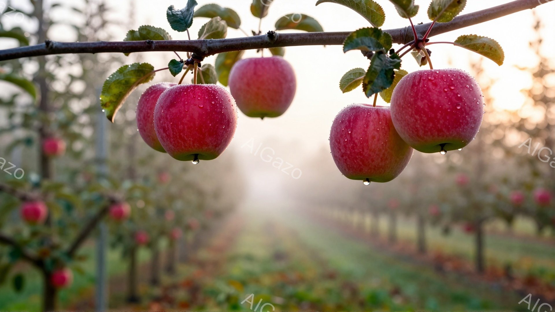 赤く熟したリンゴが枝に実り、朝露が滴り落ちています。背景には霧が立ち込め、リンゴ園の列がぼんやりと見え、静かで穏やかな雰囲気を醸し出しています。リンゴの鮮やかな赤色が、全体的にソフトフォーカスされた自然の風景の中で際立っています。