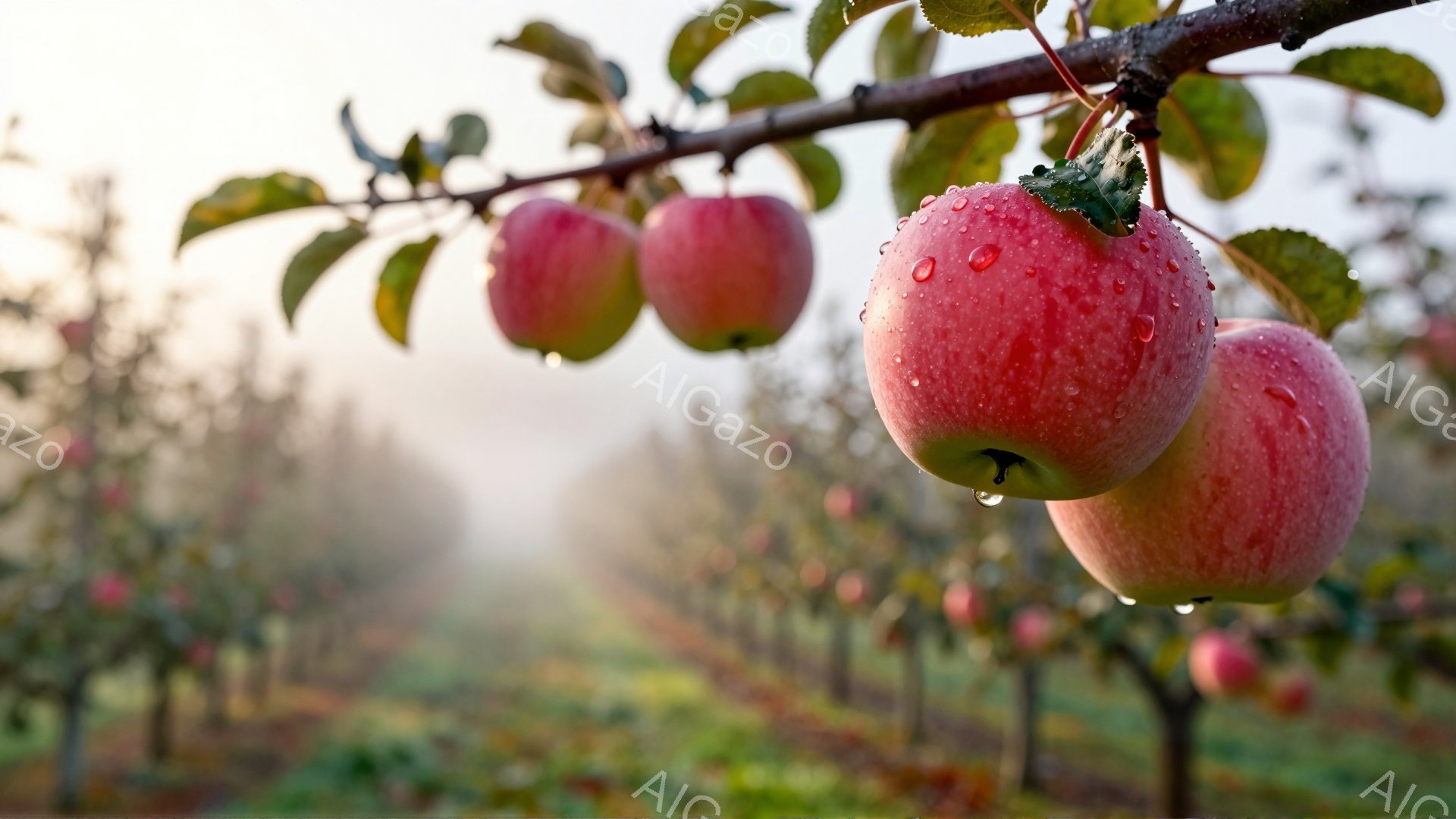 りんごの木の枝に、雨に濡れた赤いりんごが数個実っている様子が捉えられている。背景には薄霧が立ち込め、りんご園が広がり、全体的に穏やかで幻想的な雰囲気を醸し出している。朝露や雨粒がリンゴの表面に光り、み - AI生成フリー素材