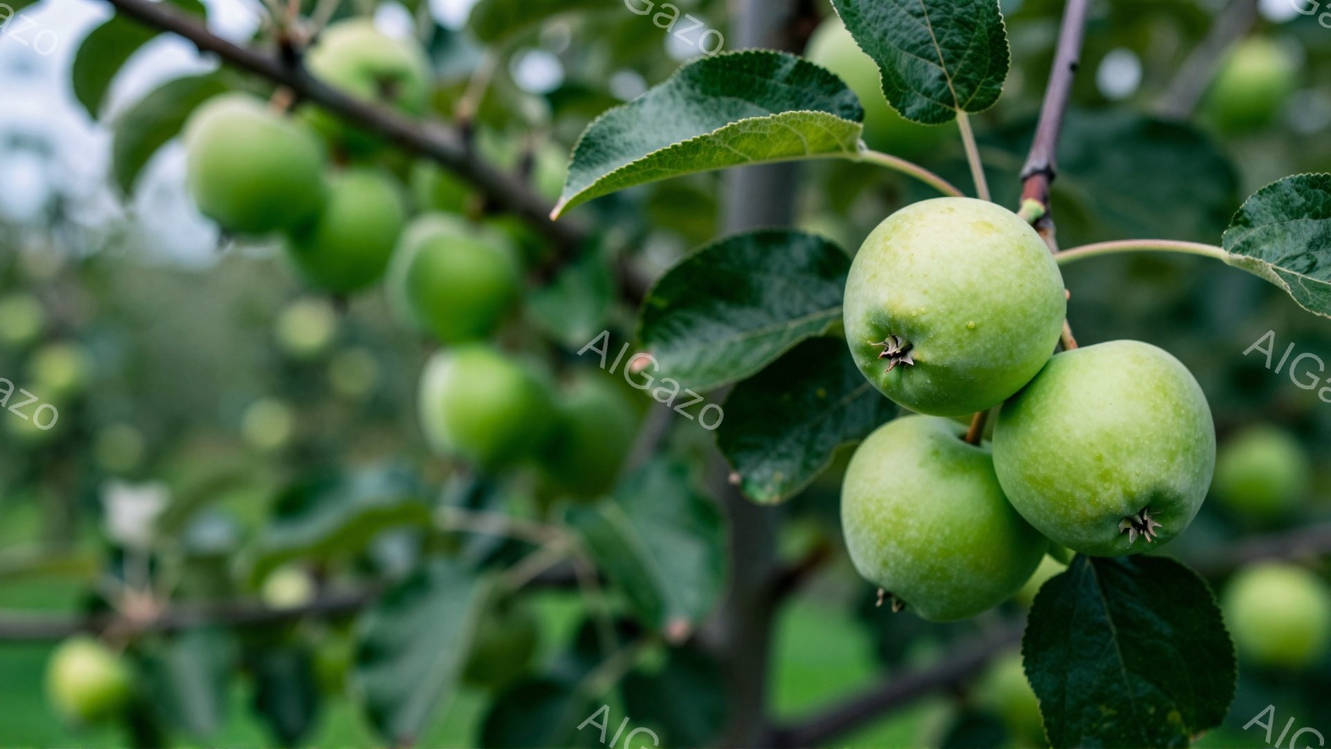 鮮やかな緑色のリンゴが枝に実っている様子が捉えられています。葉っぱも鮮やかで、リンゴと背景の緑が一体となり、自然の豊かさを感じさせます。背景はぼやけており、リンゴとその周りの葉に焦点が当たっているため、リンゴの瑞々しさが際立っています。