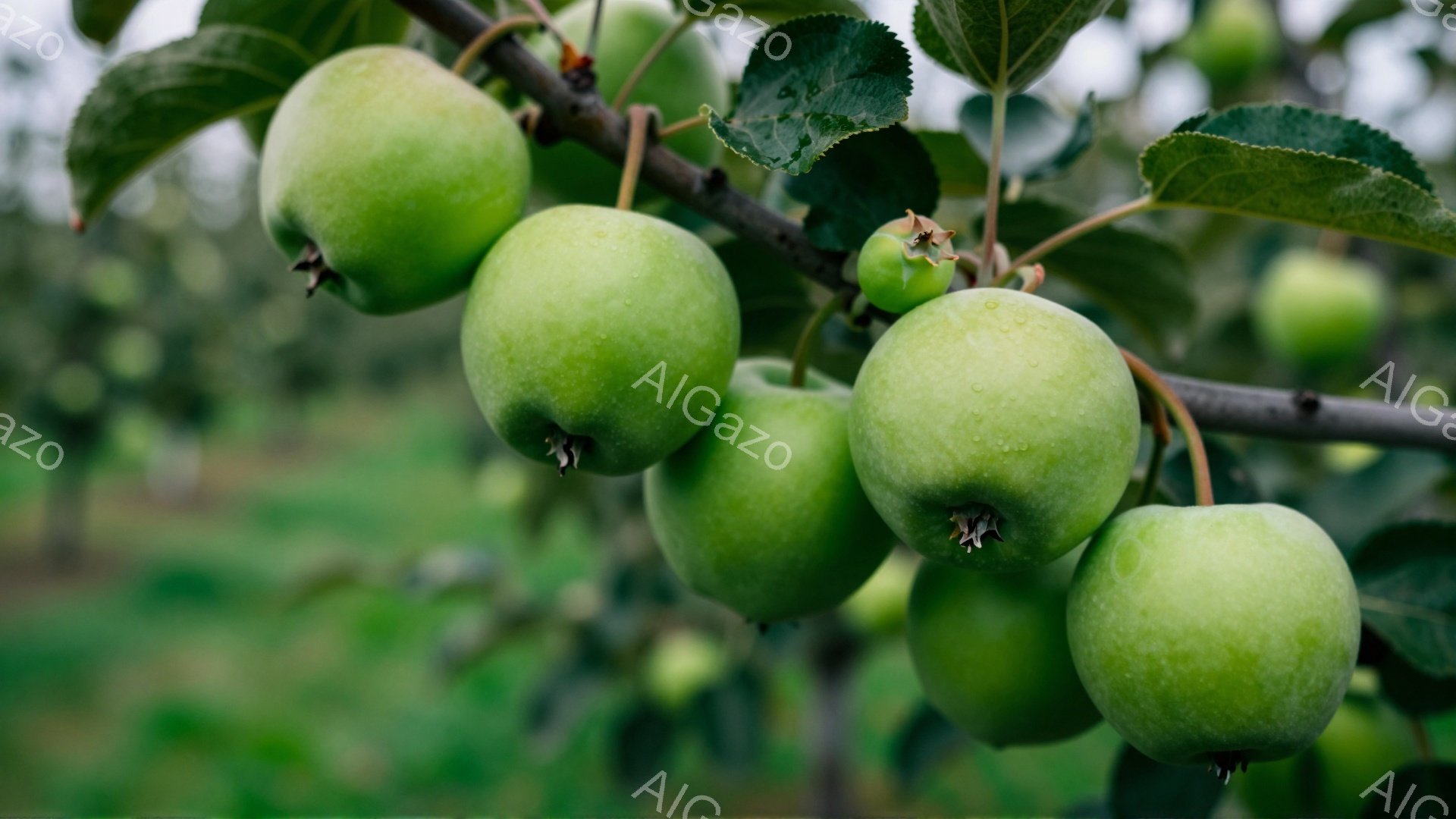 鮮やかな緑色のりんごが枝に実り、水滴で覆われています。背景はぼやけた緑色の葉で、リンゴ園または果樹園の一部のようです。全体的に、雨上がりの自然の美しさと収穫の予感が感じられる、穏やかで新鮮な雰囲気です。