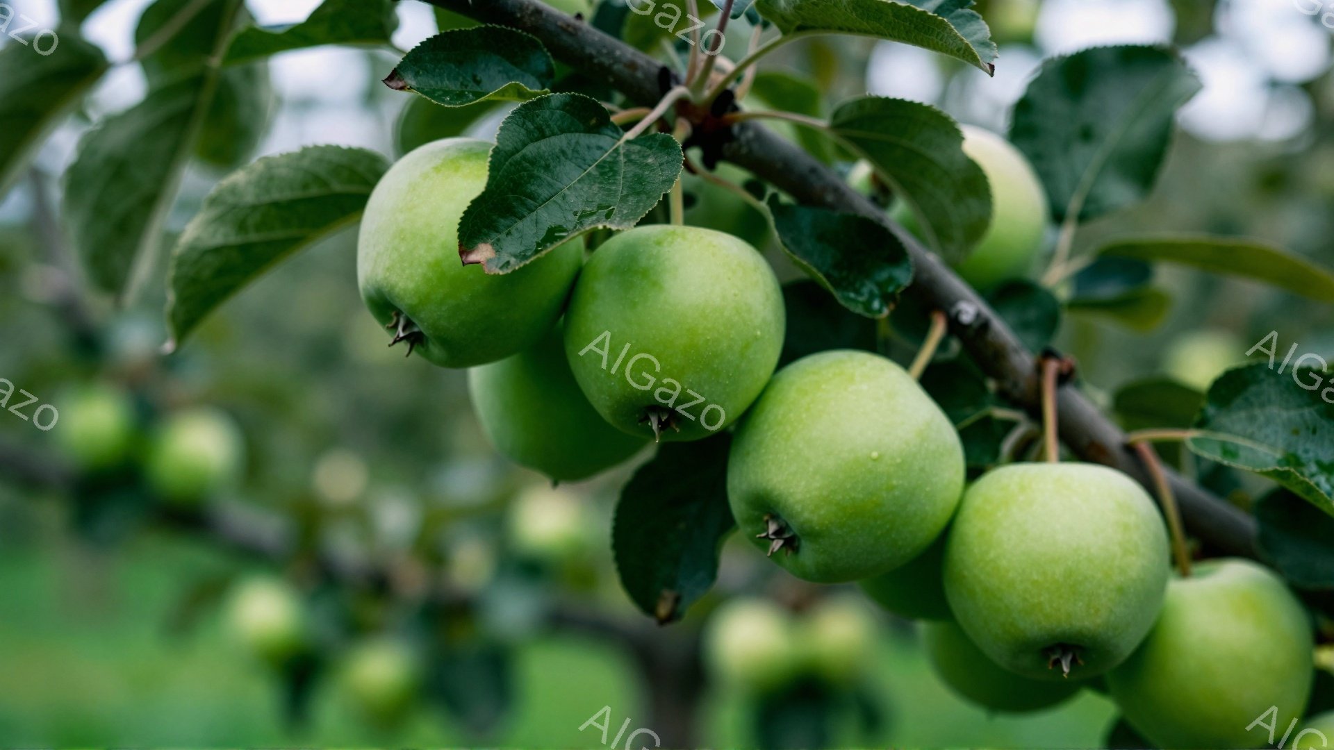 緑色のリンゴが枝に実っている様子が写っている。リンゴは鮮やかな緑色で、葉に囲まれており、自然の恵みを感じさせる。背景は緑色のぼかしで、リンゴが際立っている。