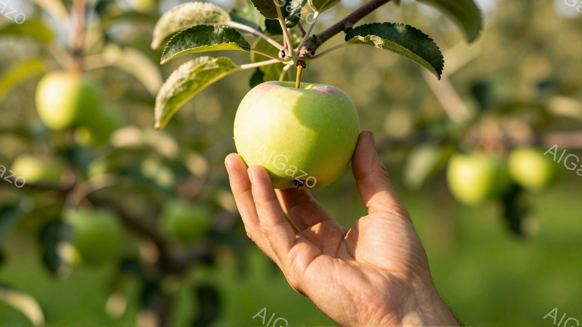 鮮やかな緑色のリンゴが、手のひらでそっと支えられています。背景にはリンゴの木が広がり、緑豊かな自然の中で果実が輝いています。全体的に暖かく、穏やかな雰囲気で、収穫の喜びを感じさせる一枚です。