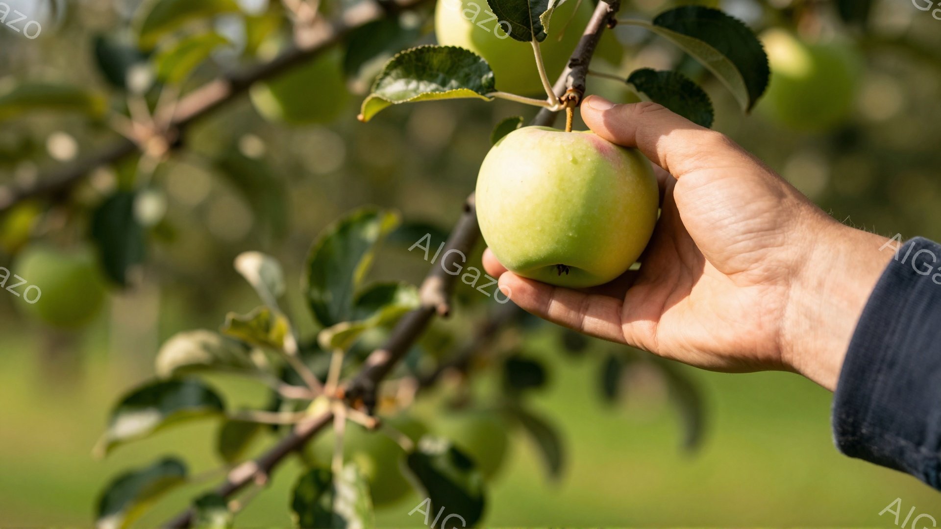 画像は、リンゴの木の枝に実った緑色のリンゴを男性が手に持っている様子を捉えています。リンゴは葉に囲まれ、太陽光が当たって明るく照らされています。背景は緑豊かな自然で、穏やかで平和な雰囲気が漂っています - AI生成フリー素材