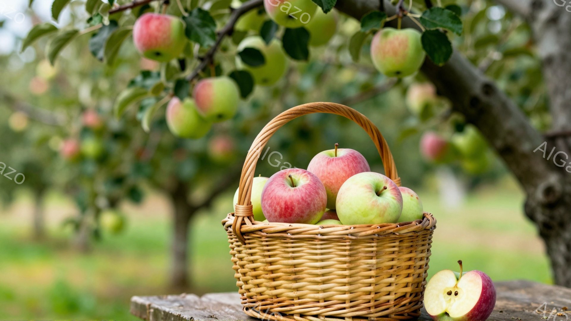 籠の中に赤いリンゴと緑色のリンゴがいくつか入っており、その一部は半分に切られています。 籠は木製のテーブルの上に置かれ、背景にはリンゴの木が実をつけ、緑豊かな風景が広がっています。 全体的に、収穫されたばかりの新鮮な果実と穏やかな田園風景が感じられる、素朴で温かい雰囲気です。