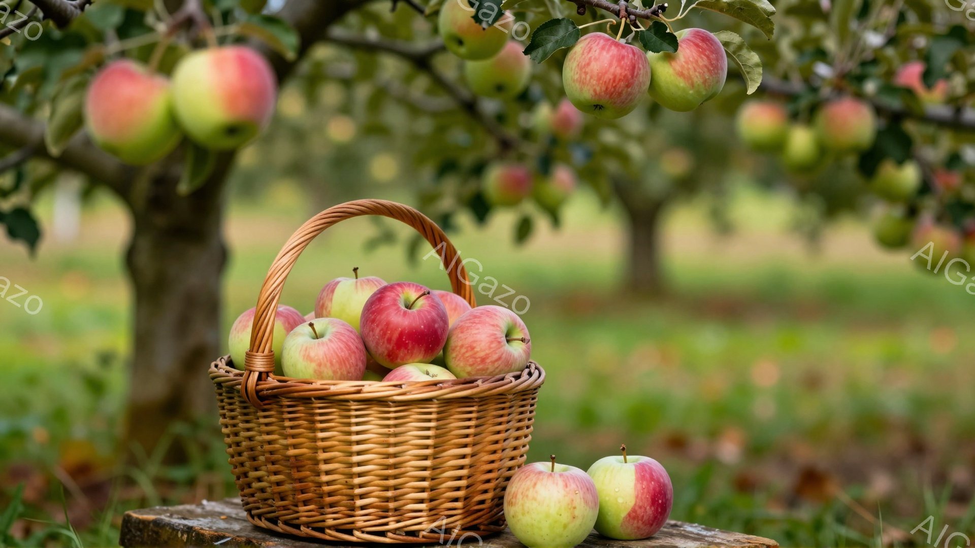 籠の中に赤いリンゴがたっぷり詰まっており、その籠は切り株の上に置かれています。背景には緑豊かな芝生とリンゴの木々が広がり、リンゴが実っている様子がうかがえます。全体的に、秋の収穫の喜びを感じさせる、暖かく穏やかな雰囲気です。