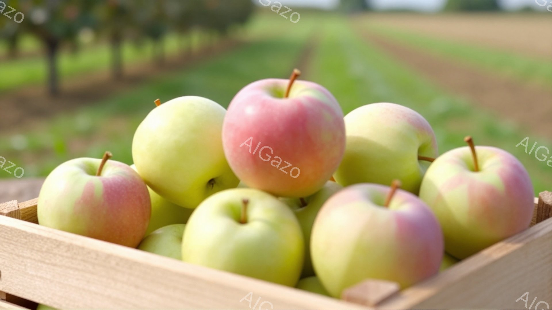 木箱に、赤と黄緑色のリンゴがぎっしりと詰まっています。背景には、整然と並んだ畑が広がり、穏やかな天候と相まって、収穫の喜びを感じさせる光景です。リンゴは新鮮で瑞々しく、自然の恵みを感じさせます。