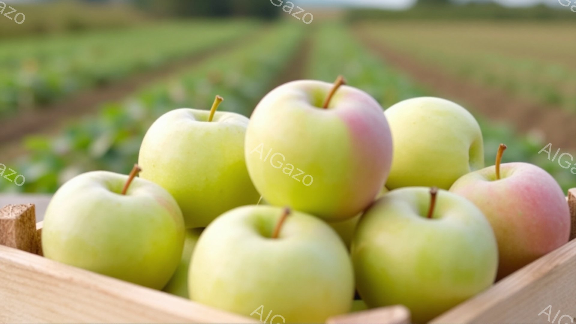 木箱の中に、まだ緑がかった黄色いリンゴがいくつか積み重ねられています。背景には、整然と並んだリンゴ園が広がり、葉の緑と土の茶色が穏やかな風景を作り出しています。全体的に、収穫されたばかりの新鮮な果実が伝わる、自然で素朴な雰囲気が漂っています。