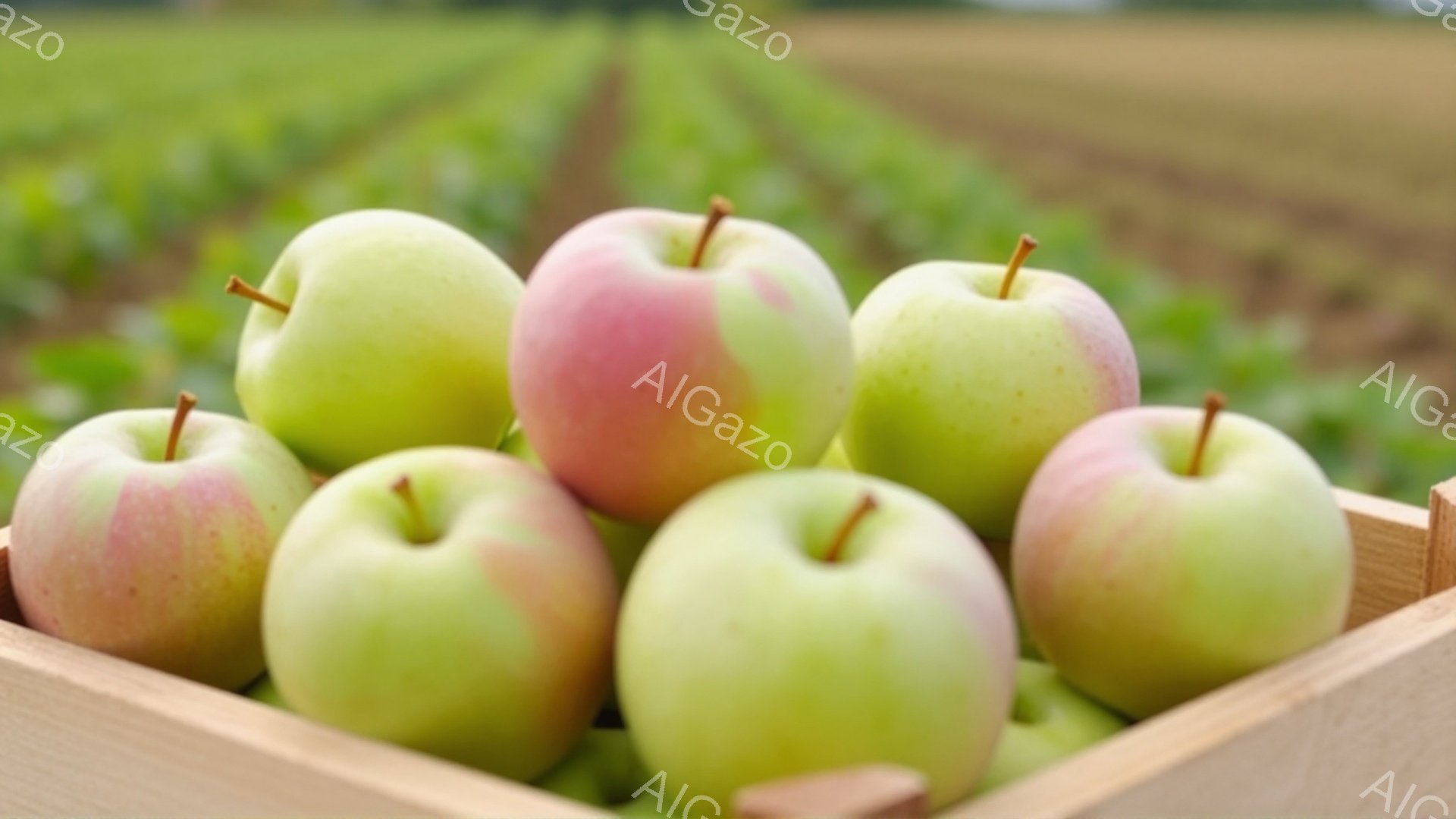 木箱の中に、赤と緑のまだら模様のりんごがぎっしりと詰まっています。背景には、整然と並んだりんご畑が広がり、暖かい日差しが差し込んでいます。全体的に、収穫の喜びと自然の恵みを感じさせる、穏やかで心地よい雰囲気です。