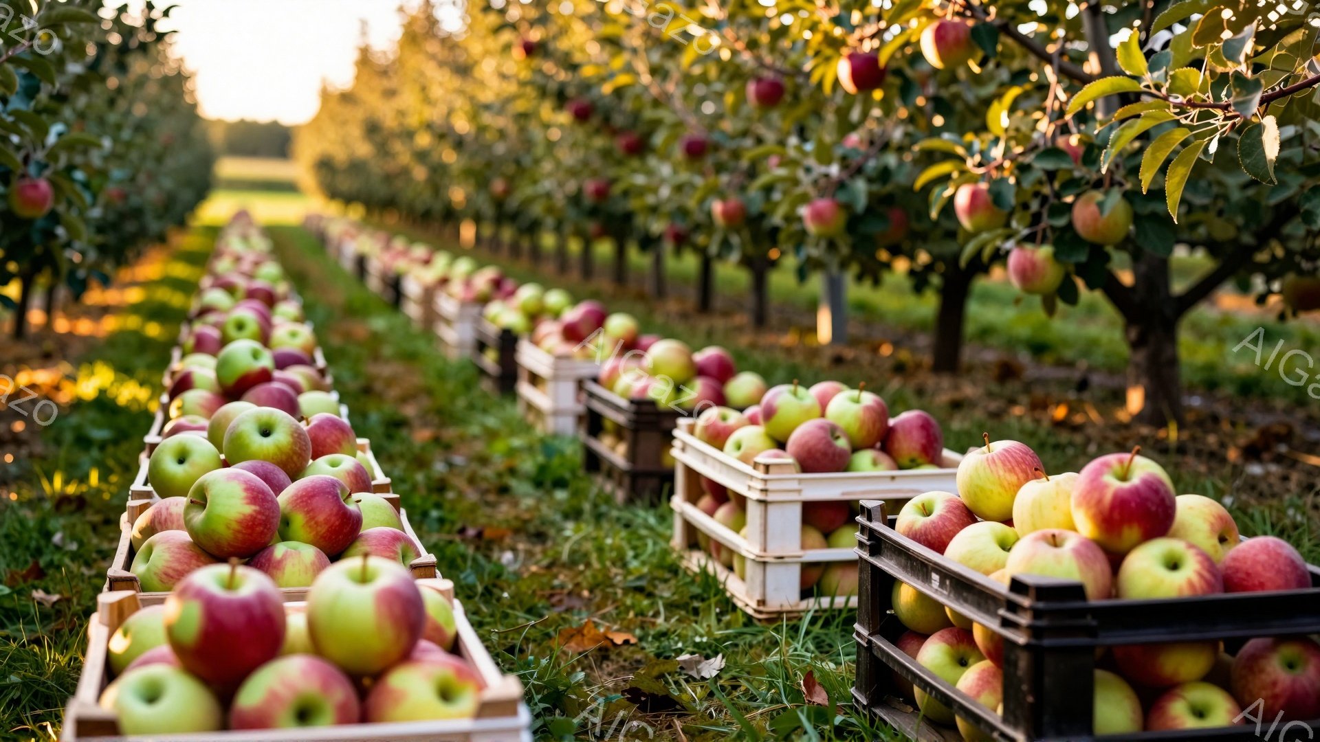 リンゴ園で、収穫されたリンゴが黒いトレーに山積みになっています。トレーは整然と並べられ、リンゴ園の列に沿って伸びています。背景にはリンゴの木々と、夕日の光が差し込む穏やかな風景が広がっており、収穫の喜びと秋の安らぎを感じさせる雰囲気です。
