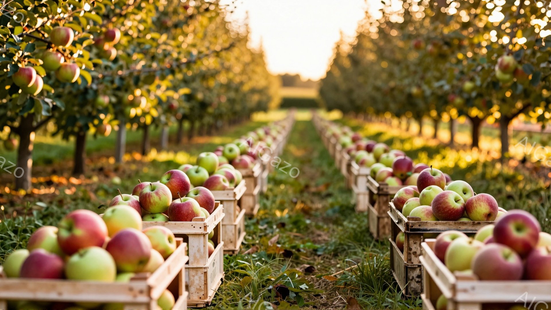 収穫されたリンゴが木製の箱に並べられた果樹園の通路を捉えた写真です。夕暮れ時の柔らかい光がリンゴと草地を照らし、温かく穏やかな雰囲気を醸し出しています。遠くには木々が見え、秋の収穫の喜びを感じさせます。